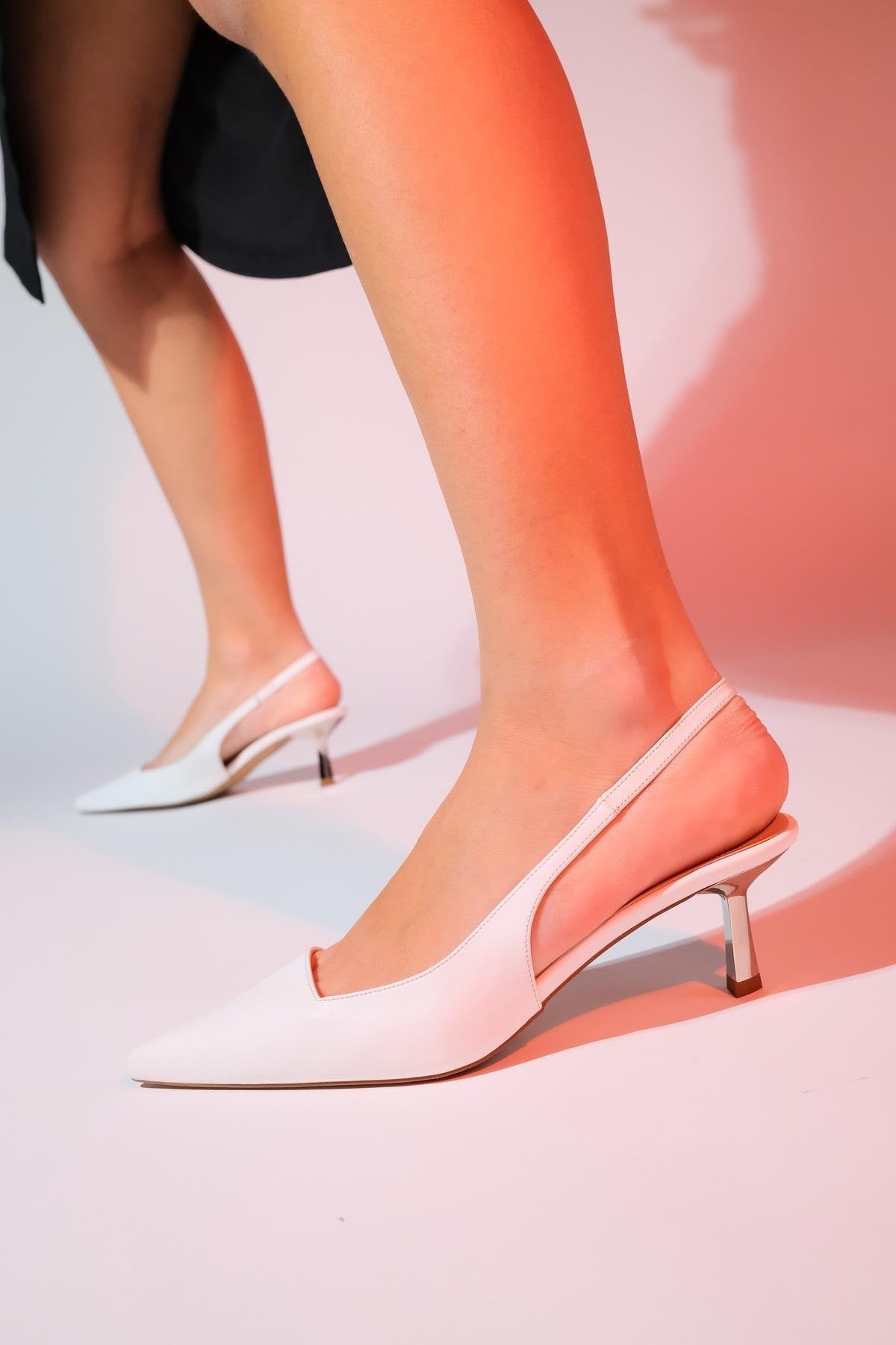 Marten - White Pointed Toe Backless Stiletto Heel Shoe – front three-quarter view showing leather, white, SimmiUnique