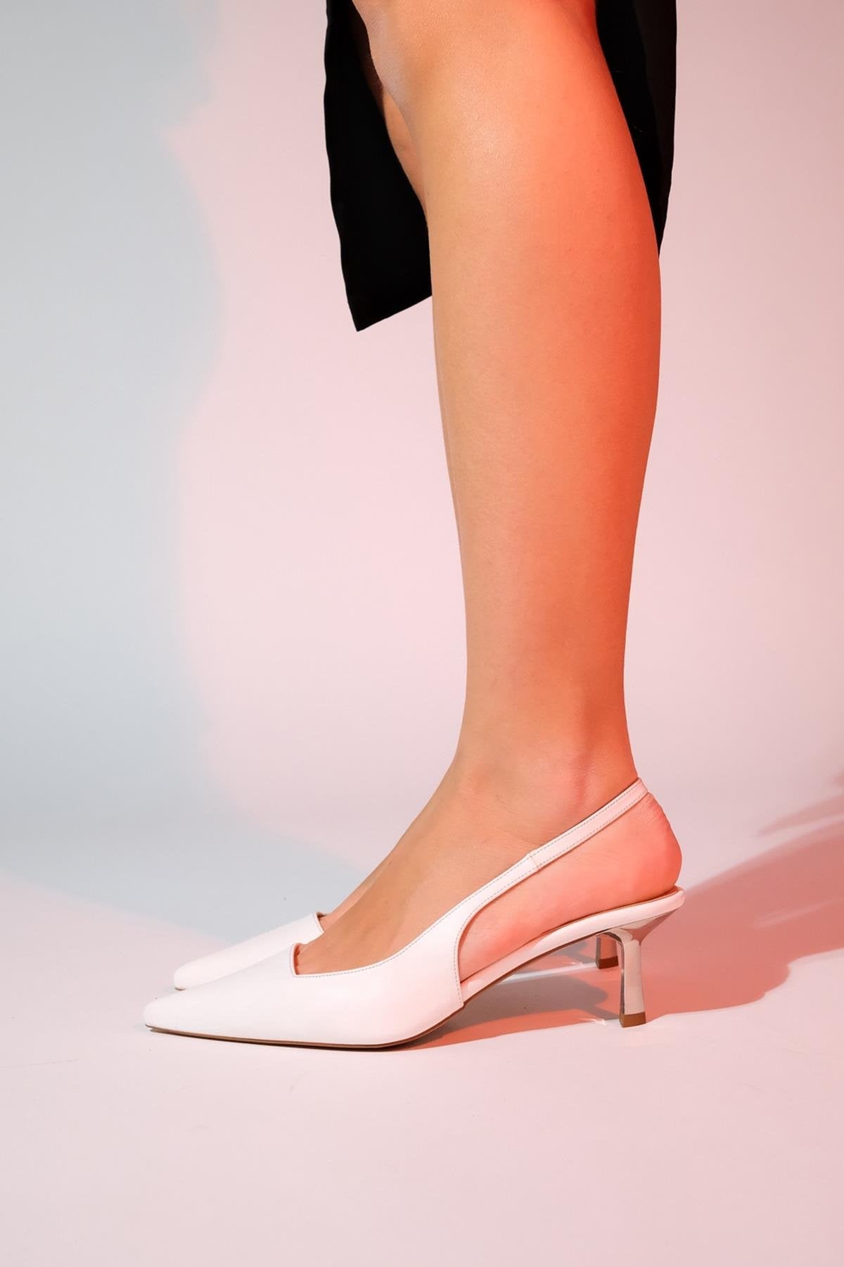 Marten - White Pointed Toe Backless Stiletto Heel Shoe – heel view showing leather, white, SimmiUnique