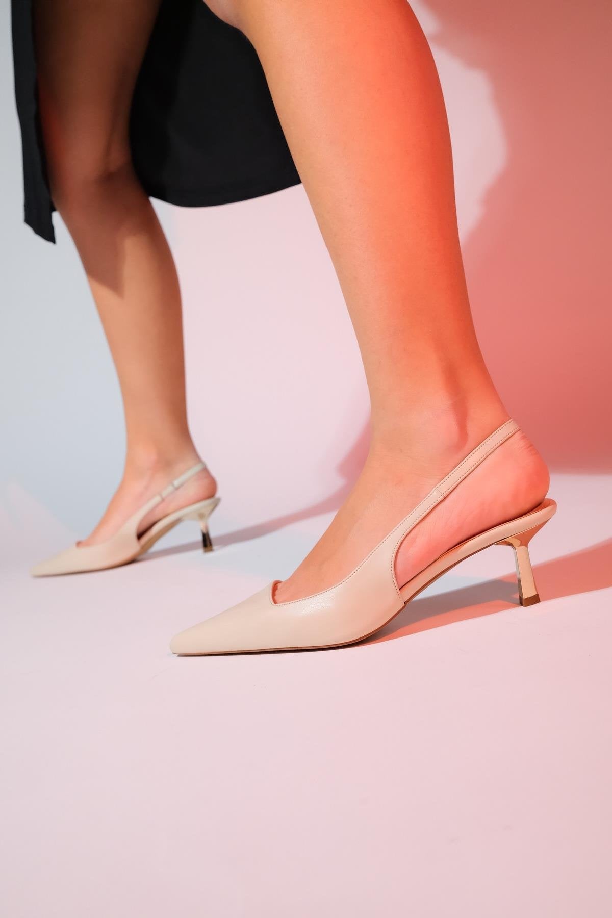 Marten - Ecru Pointed Toe Backless Stiletto Pump – back view showing leather, SimmiUnique