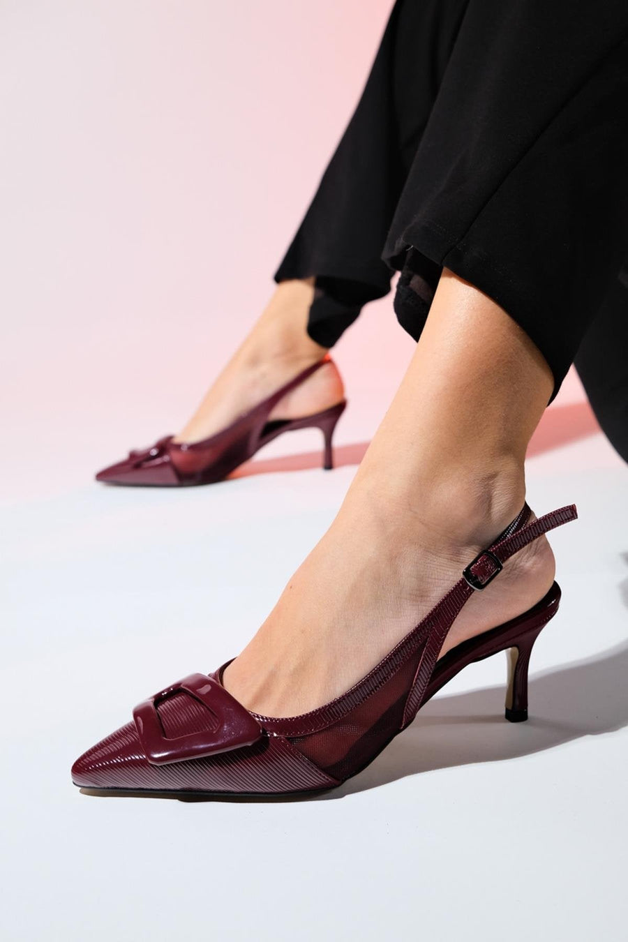 Foley - Burgundy Patent Striped Pointed Toe Backless Stiletto Pump
