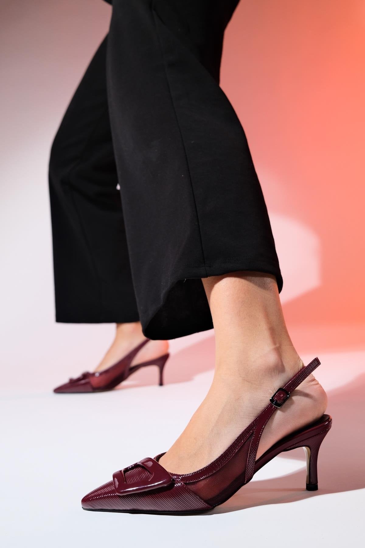 Foley - Burgundy Patent Striped Pointed Toe Backless Stiletto Pump – side view showing leather, SimmiUnique
