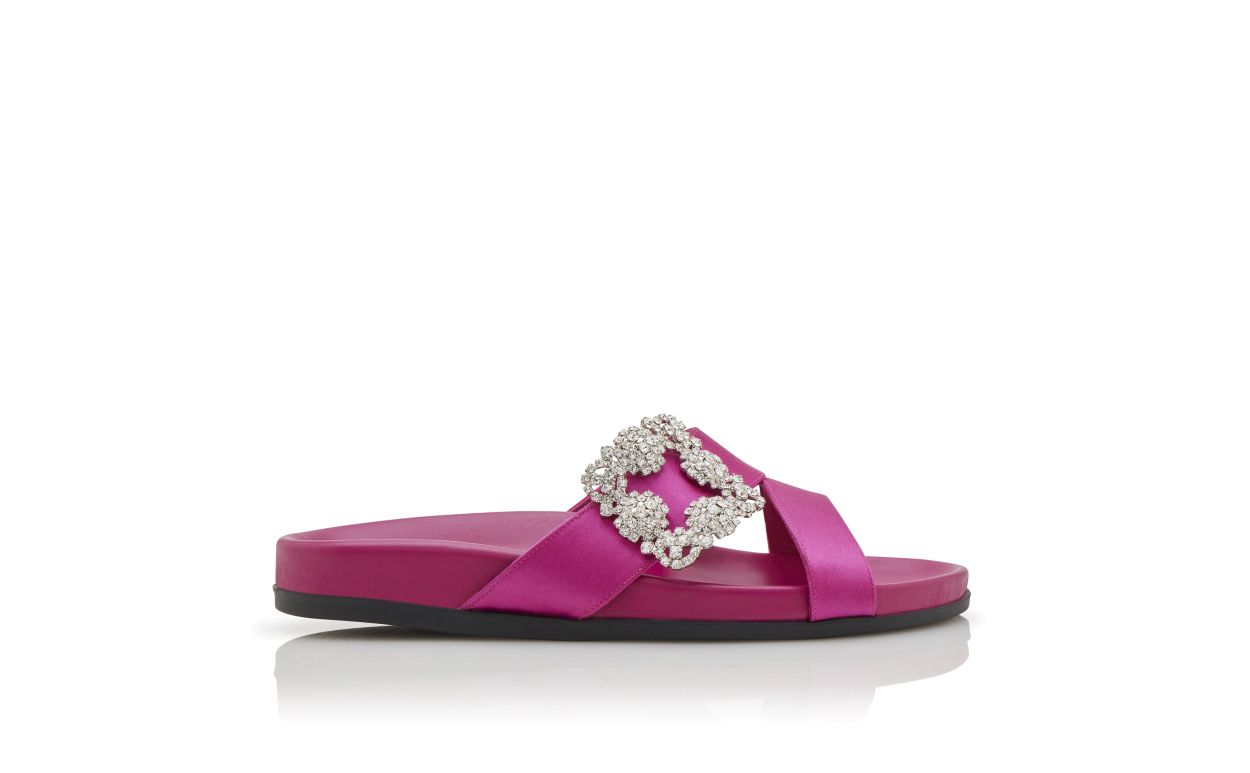 Celeste Halo Pink Jewel Buckle Mules – side profile showing pink jewel buckle, crossover, open toe, satin, SimmiUnique