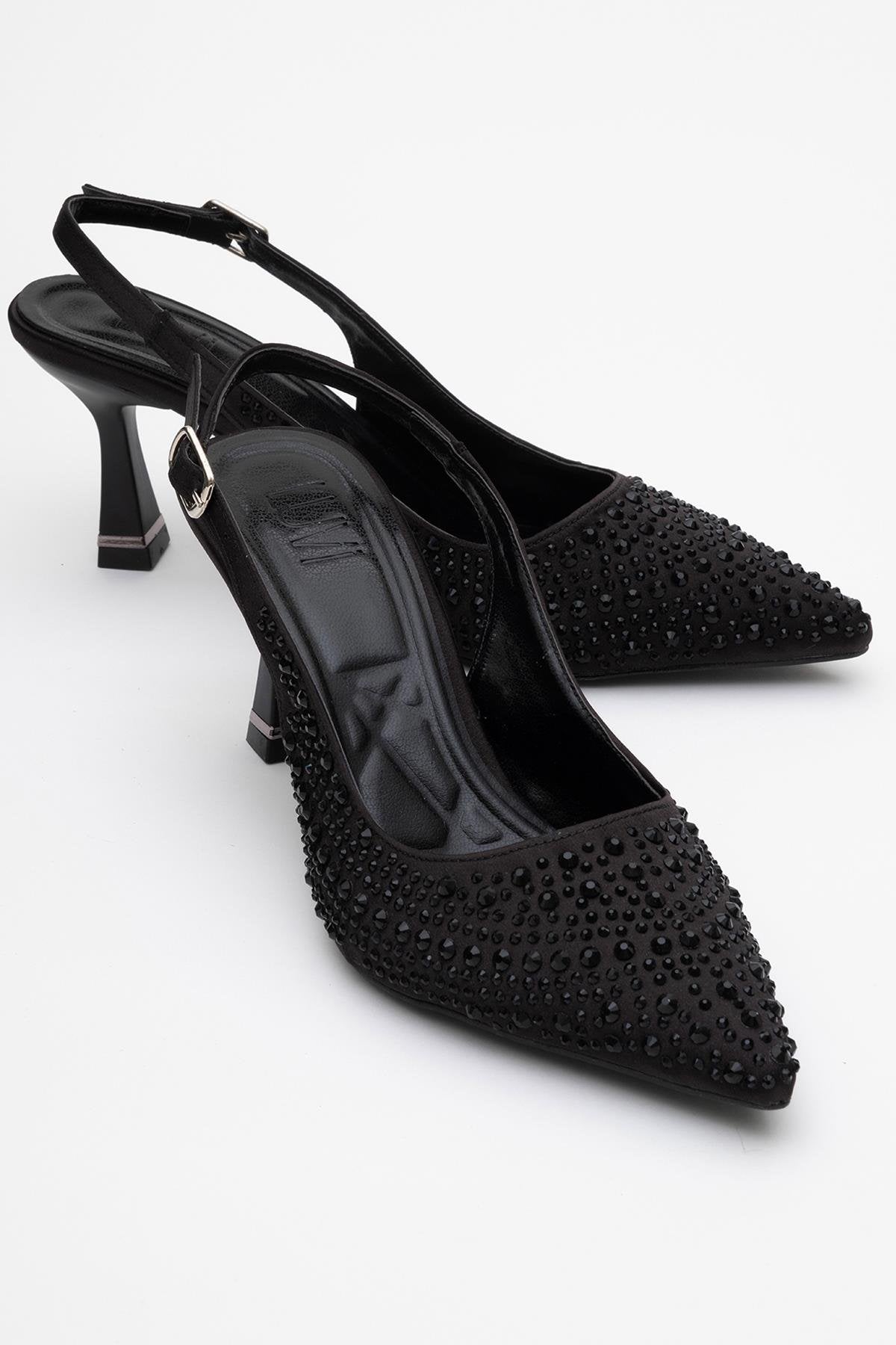 Juan - Black Satin Embellished Evening Shoe – front three-quarter view showing satin, leather, black, SimmiUnique