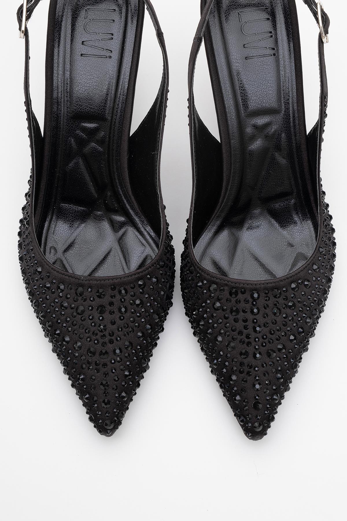Juan - Black Satin Embellished Evening Shoe – side view showing satin, leather, black, SimmiUnique