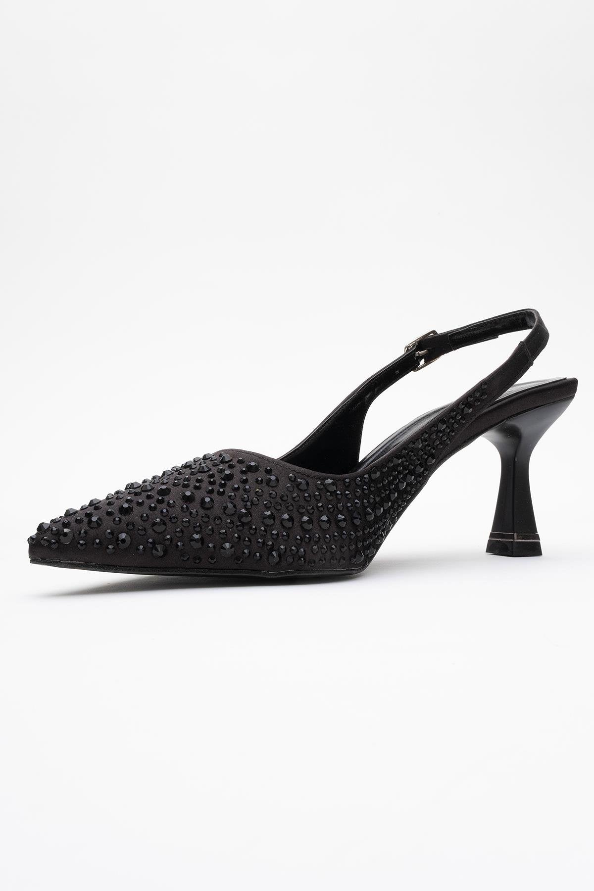 Juan - Black Satin Embellished Evening Shoe – heel view showing satin, leather, black, SimmiUnique