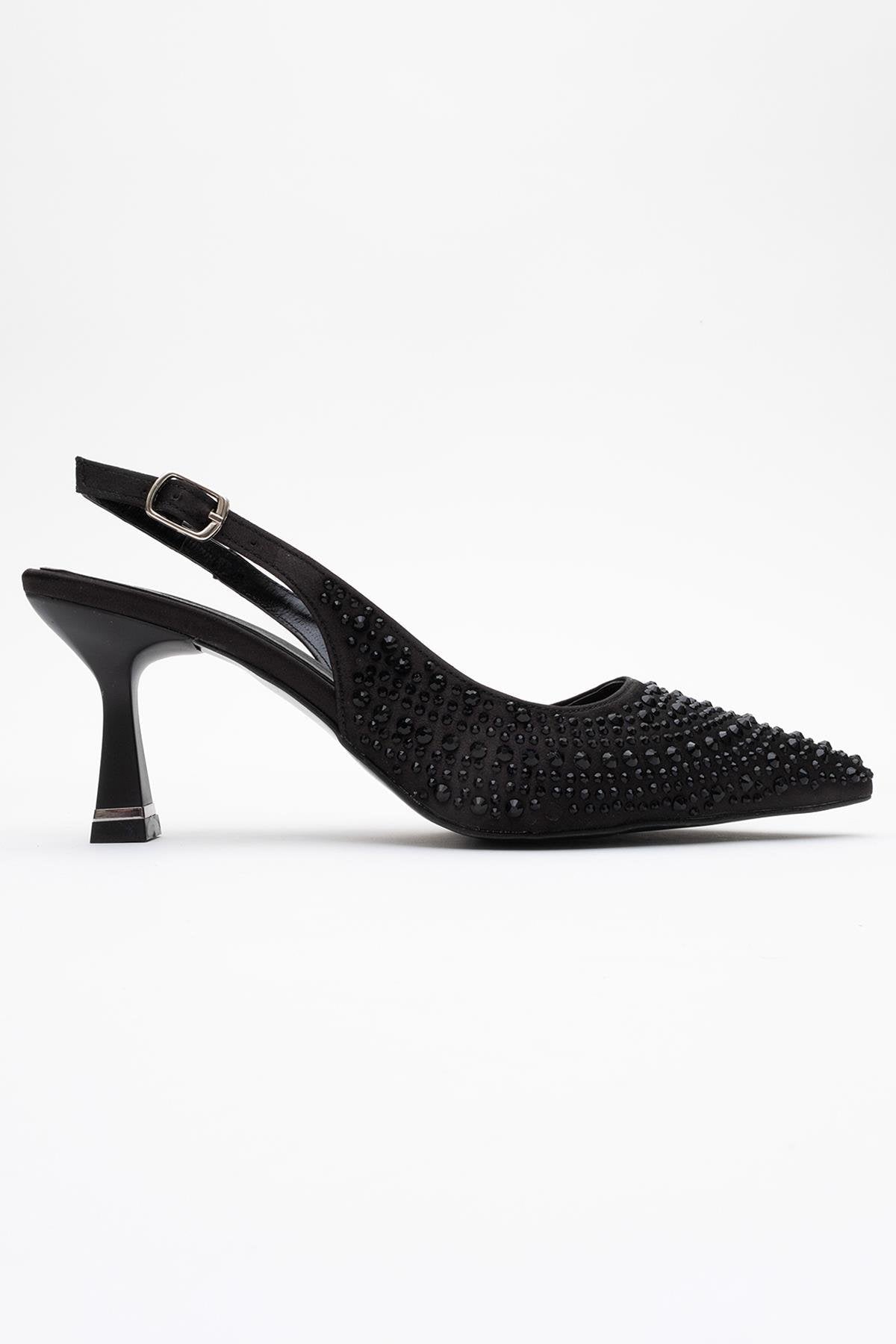 Juan - Black Satin Embellished Evening Shoe – top view showing satin, leather, black, SimmiUnique
