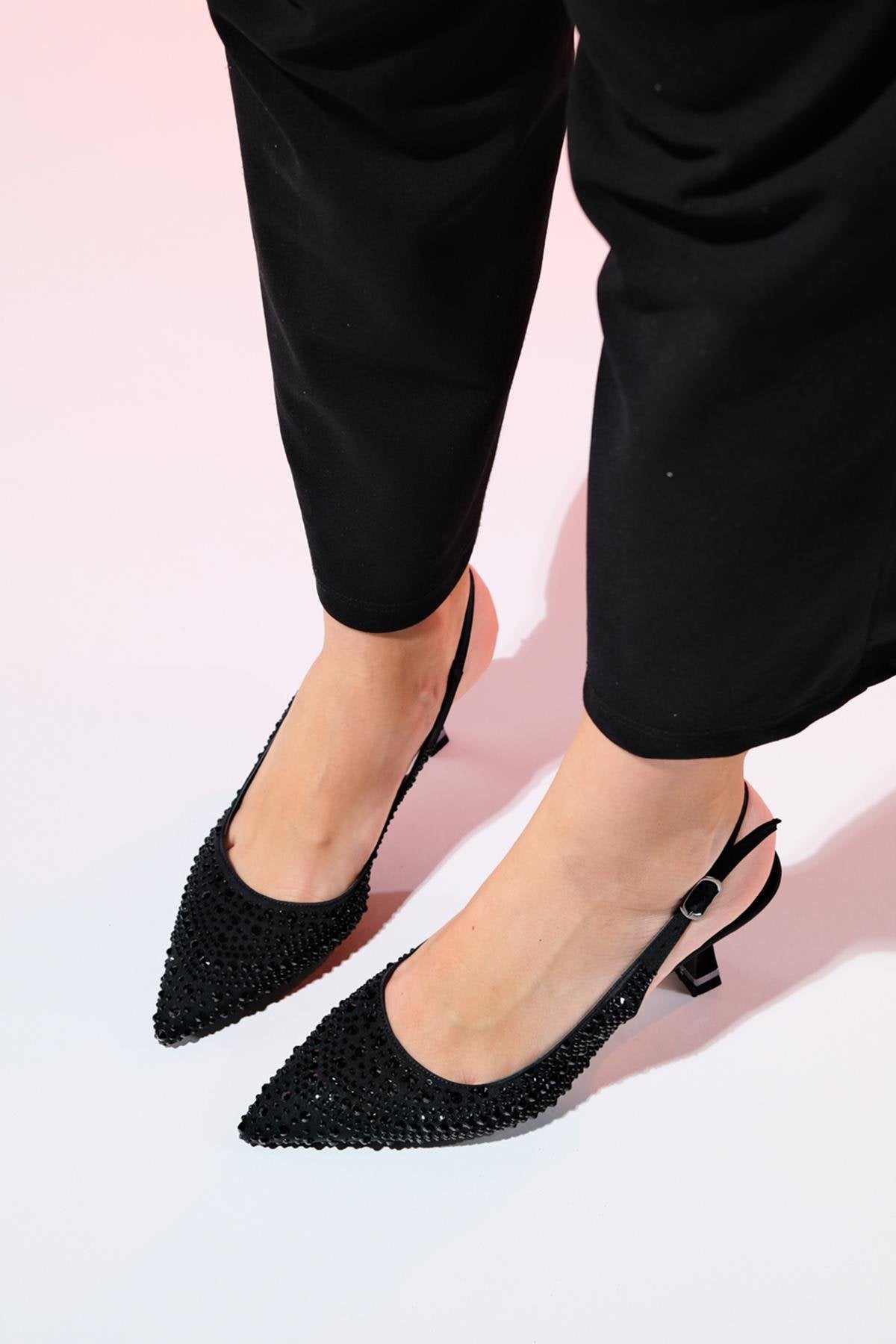 Juan - Black Satin Embellished Evening Shoe – pair view showing satin, leather, black, SimmiUnique