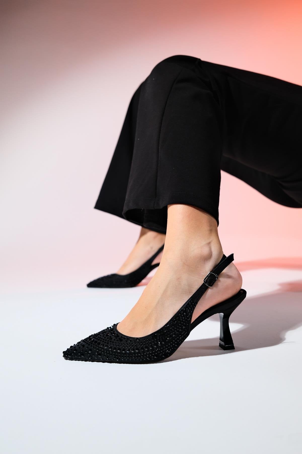 Juan - Black Satin Embellished Evening Shoe – product view 9 showing satin, leather, black, SimmiUnique