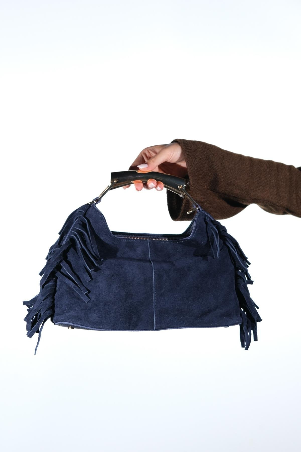 ASTREN - Navy Genuine Suede Leather Fringe Shoulder Bag – front three-quarter view showing leather, suede, SimmiUnique