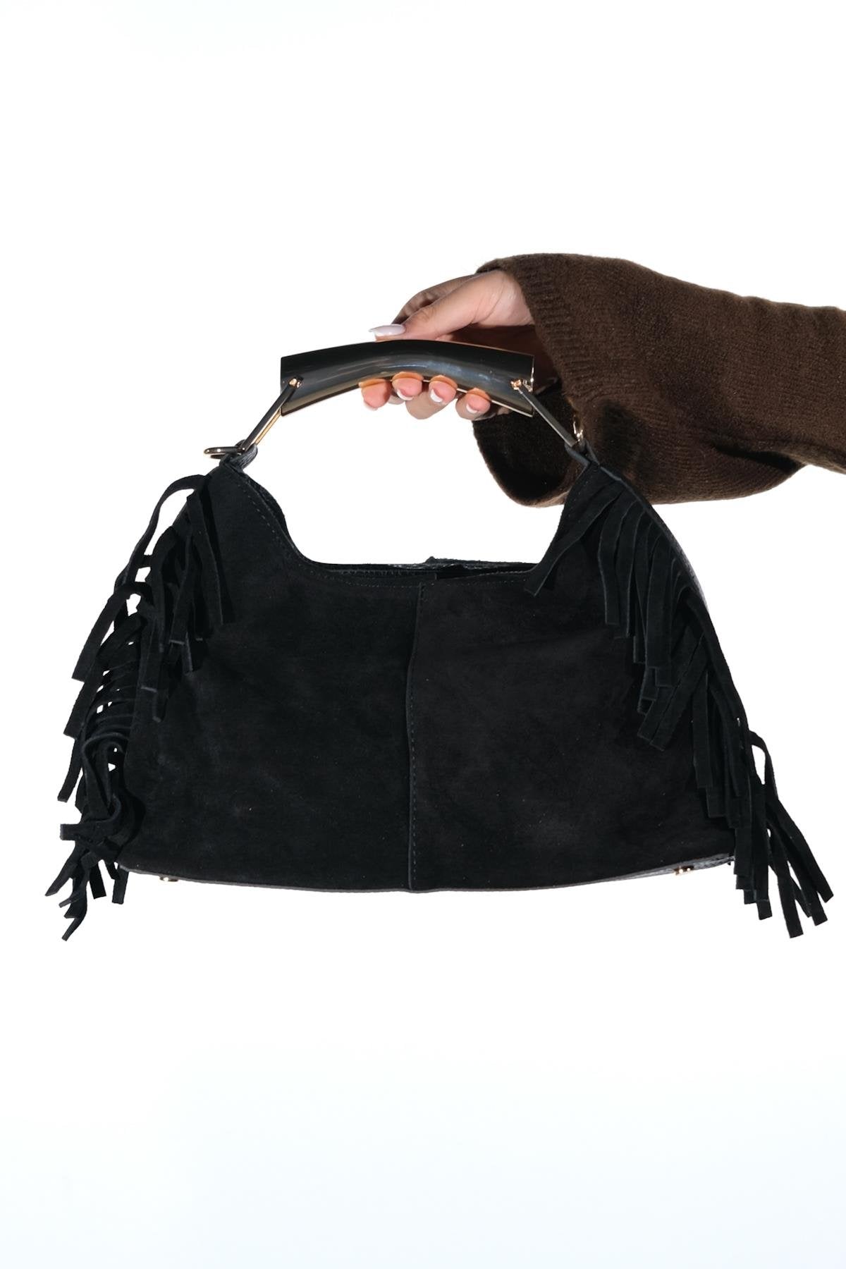 ASTREN - Black Genuine Suede Leather Fringe Shoulder Bag – front three-quarter view showing leather, suede, black…