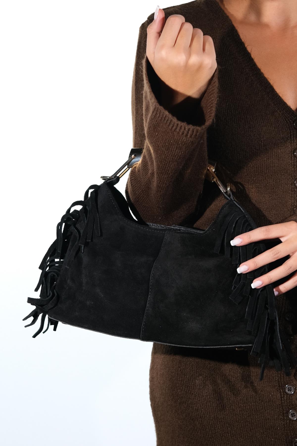 ASTREN - Black Genuine Suede Leather Fringe Shoulder Bag – side view showing leather, suede, black, SimmiUnique