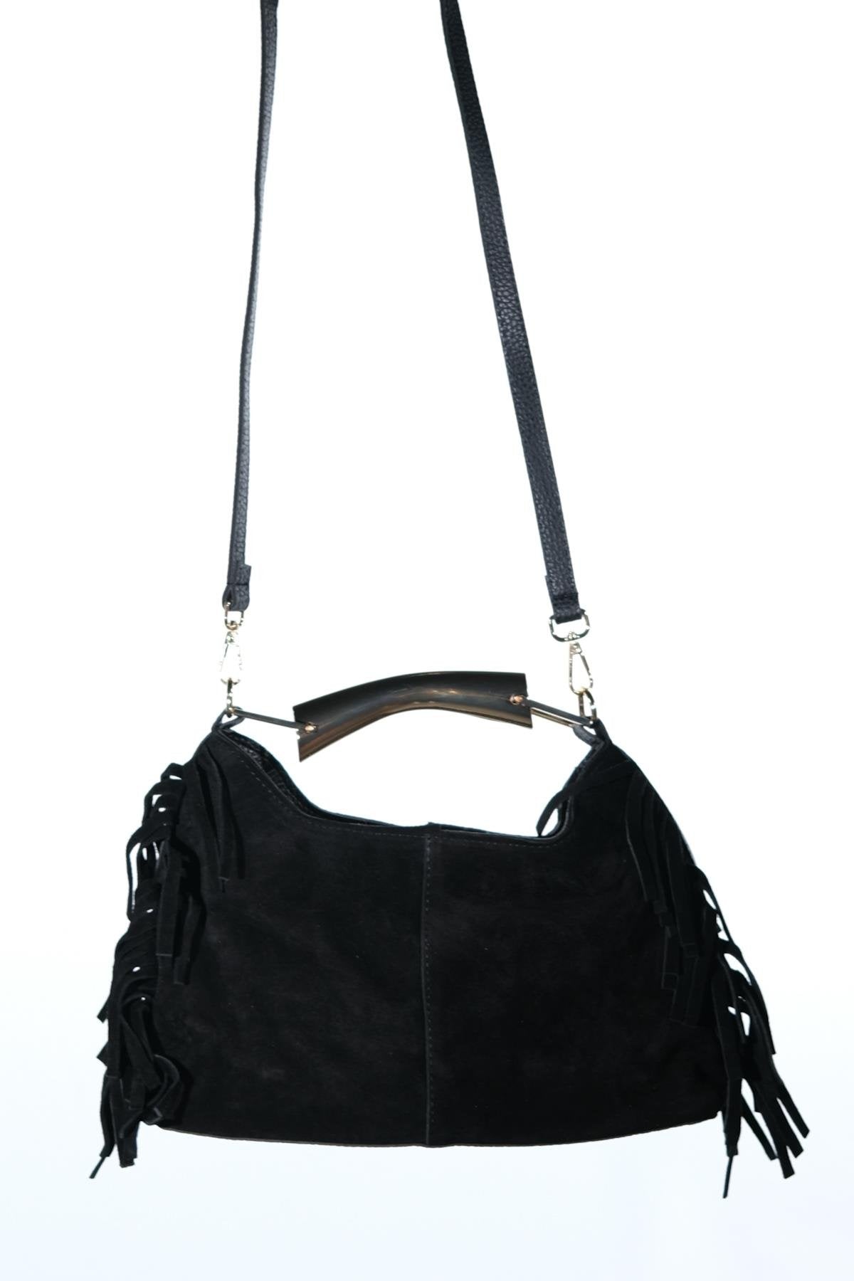 ASTREN - Black Genuine Suede Leather Fringe Shoulder Bag – detail view showing leather, suede, black, SimmiUnique
