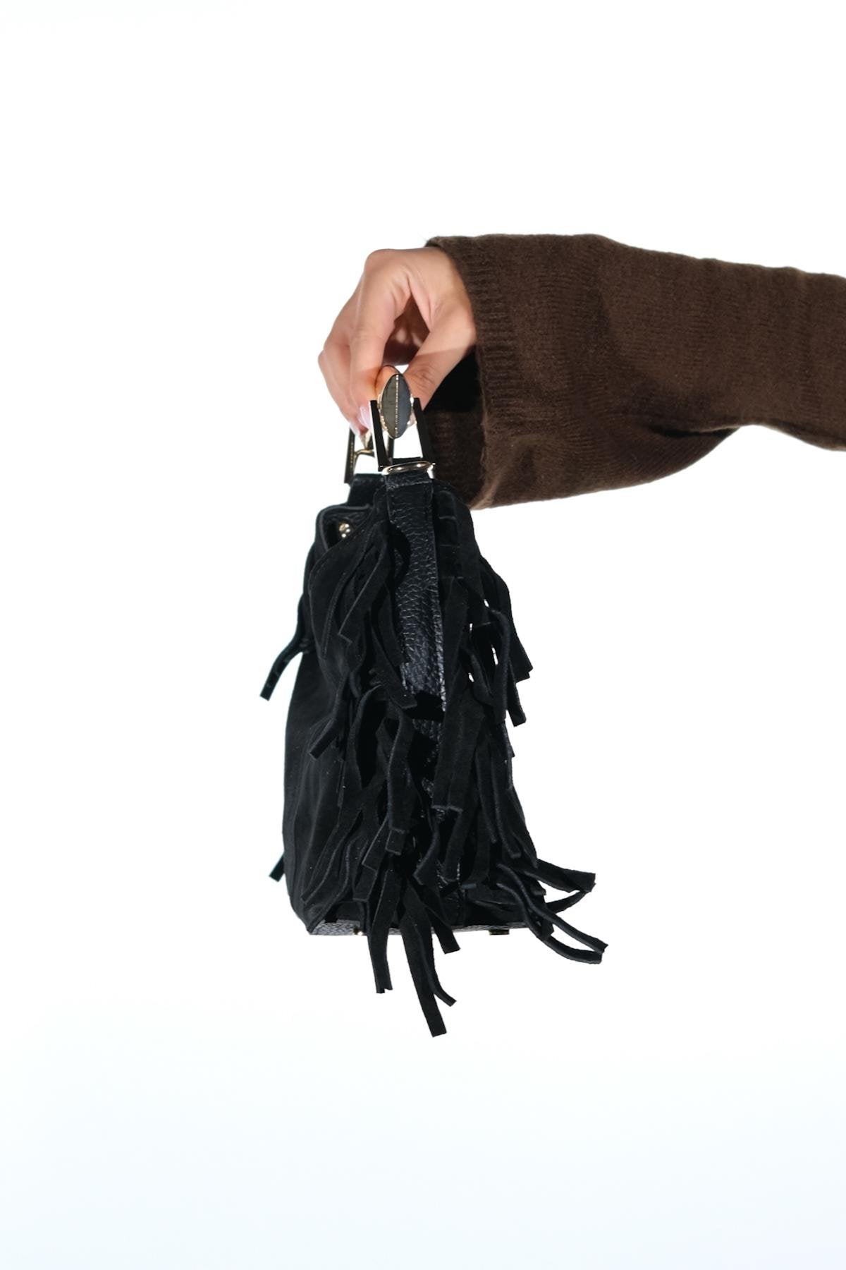ASTREN - Black Genuine Suede Leather Fringe Shoulder Bag – heel view showing leather, suede, black, SimmiUnique