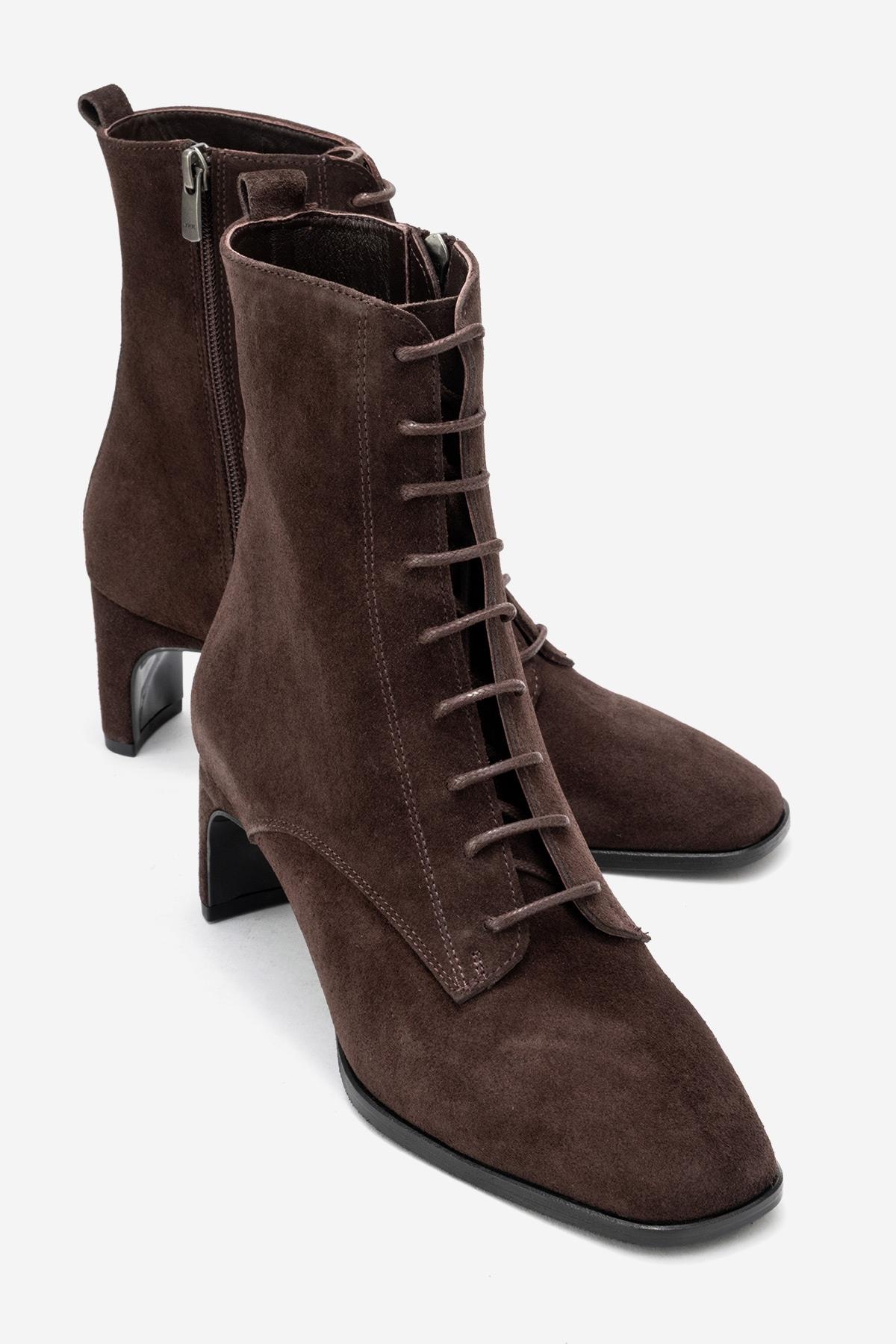 SUDY - Brown Suede Genuine Leather Lace-Up Block Heel Boot – front three-quarter view showing lace, leather, suede…