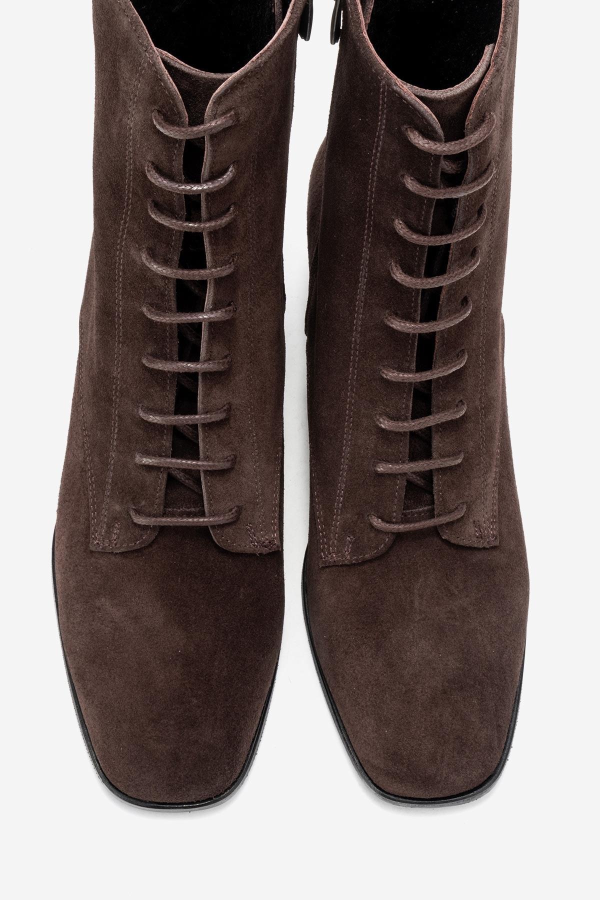 SUDY - Brown Suede Genuine Leather Lace-Up Block Heel Boot – side view showing lace, leather, suede, SimmiUnique
