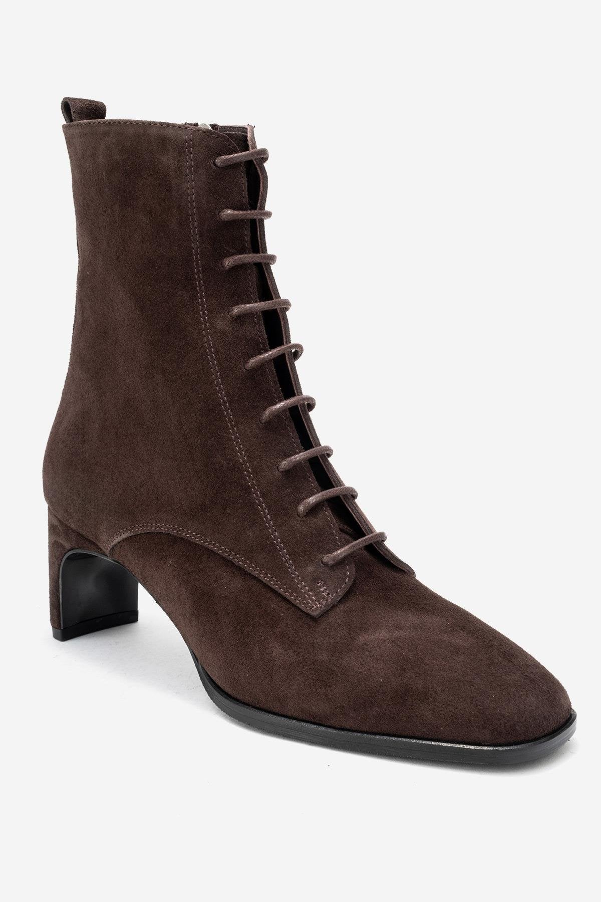 SUDY - Brown Suede Genuine Leather Lace-Up Block Heel Boot – detail view showing lace, leather, suede, SimmiUnique