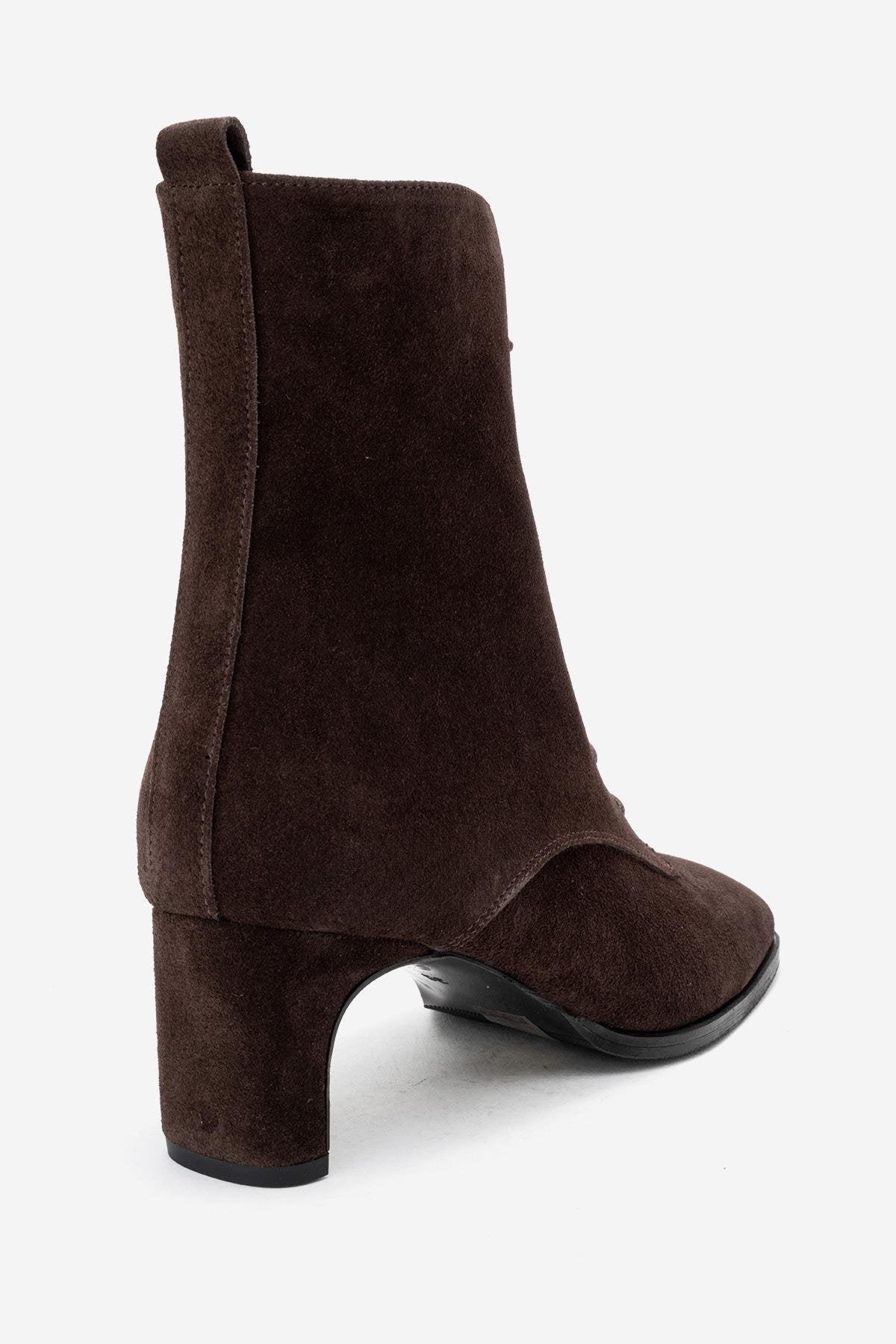SUDY - Brown Suede Genuine Leather Lace-Up Block Heel Boot – back view showing lace, leather, suede, SimmiUnique