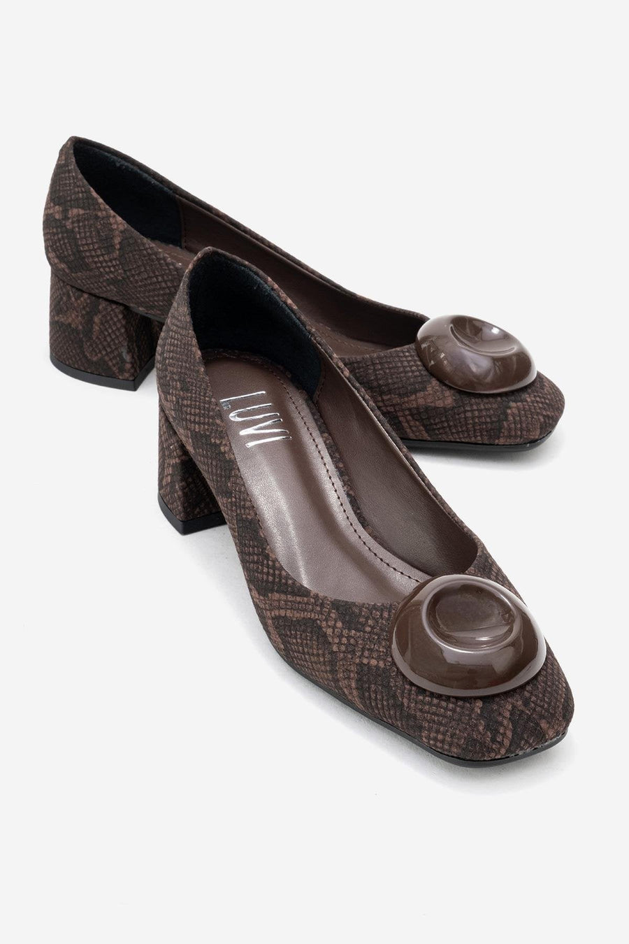 MILA - Brown Buckled Square Toe Block Heel Pump