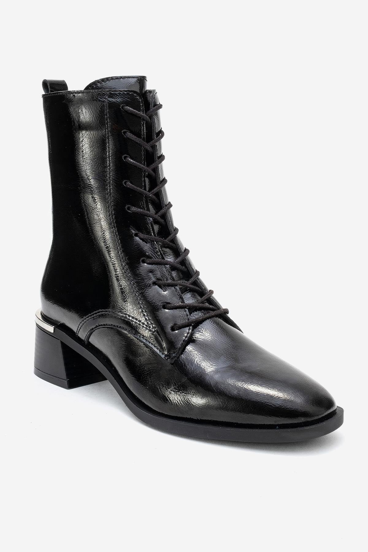 AVIA - Black Genuine Leather Block Heel Boot – detail view showing leather, black, SimmiUnique