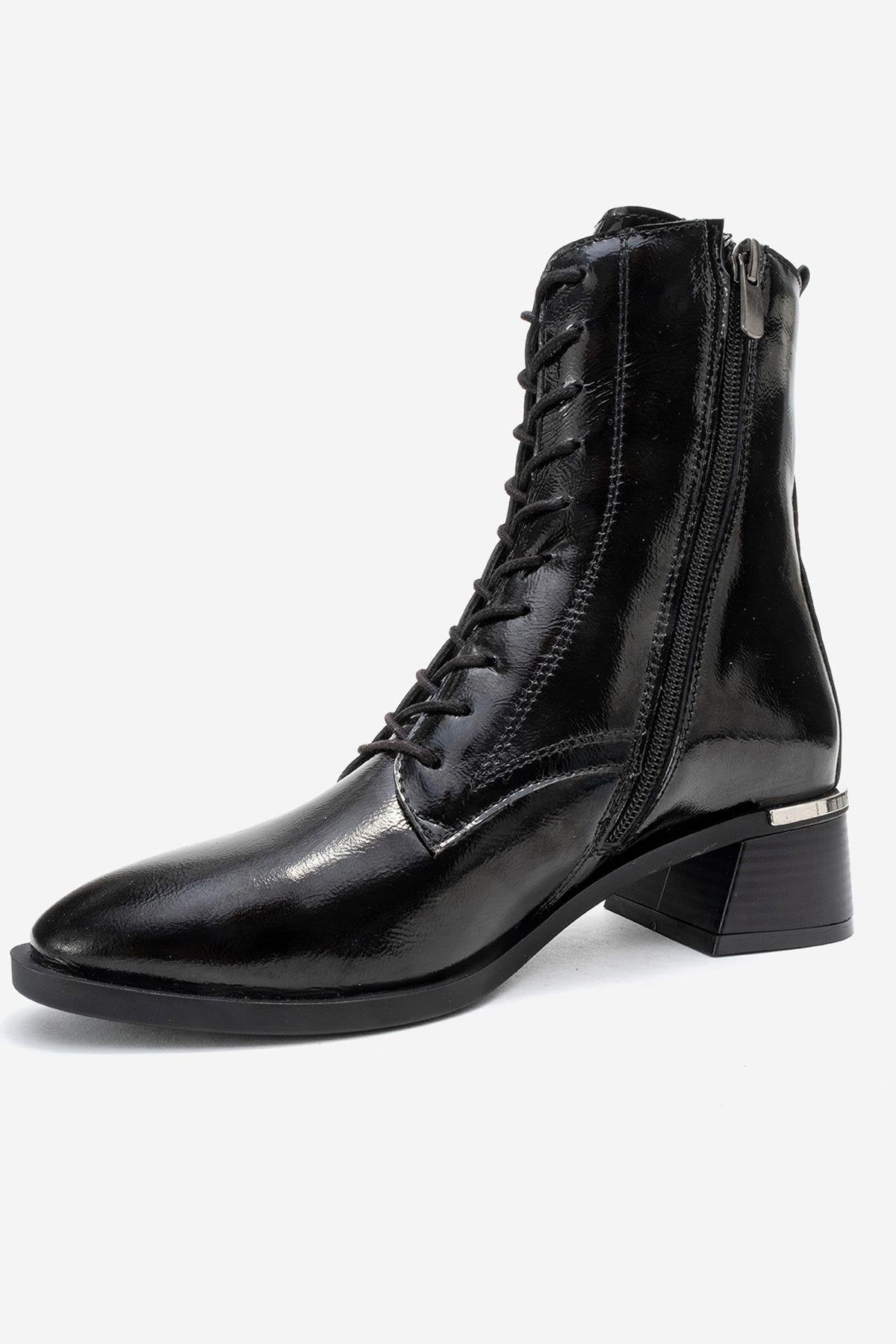 AVIA - Black Genuine Leather Block Heel Boot – heel view showing leather, black, SimmiUnique