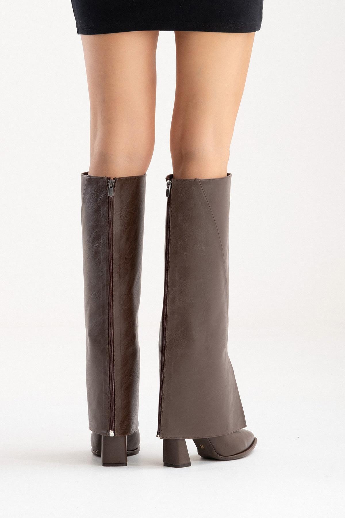 AJA - Brown Block Heel Boot – product view 10 showing leather, SimmiUnique