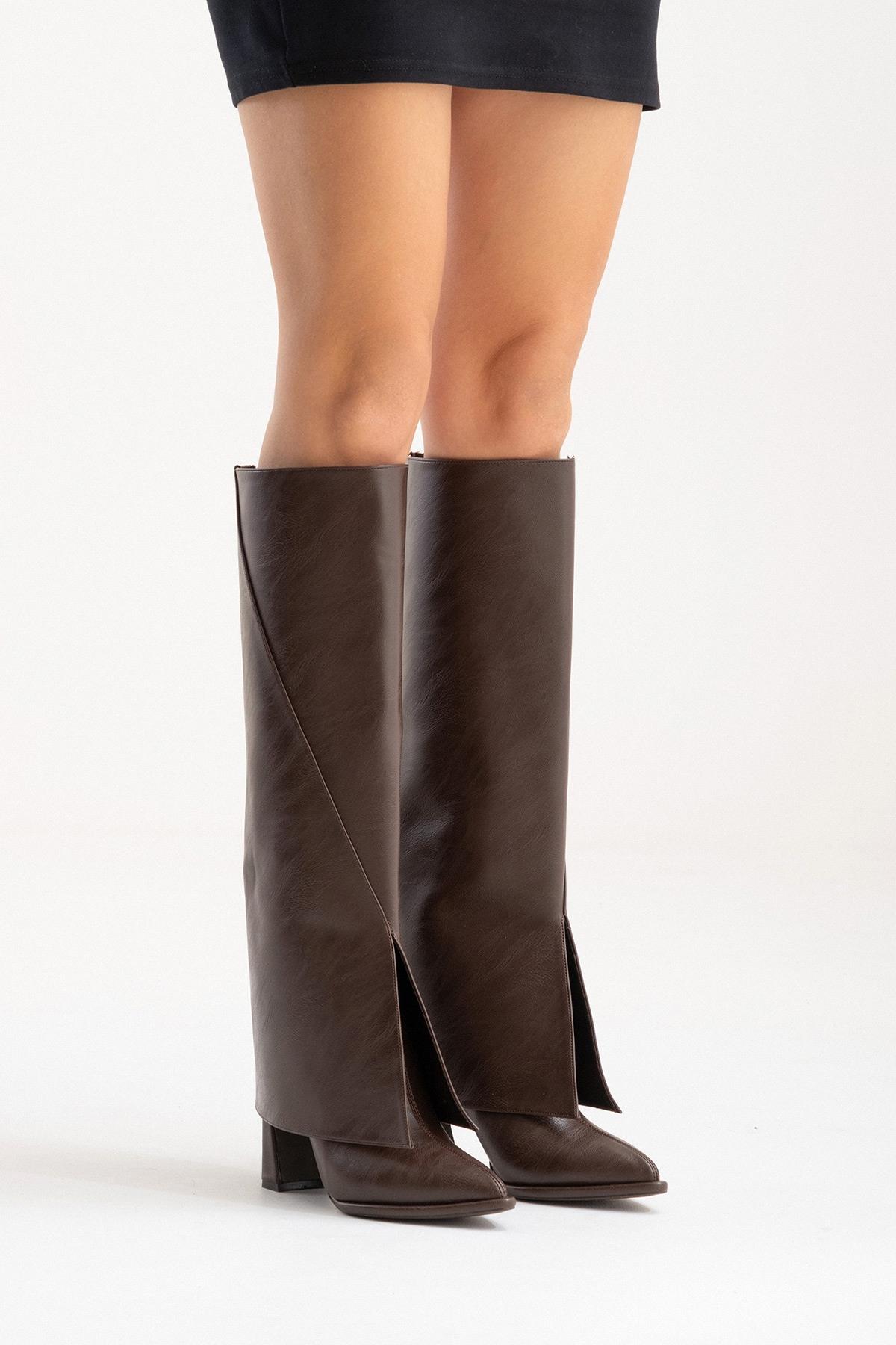 AJA - Brown Block Heel Boot – side view showing leather, SimmiUnique