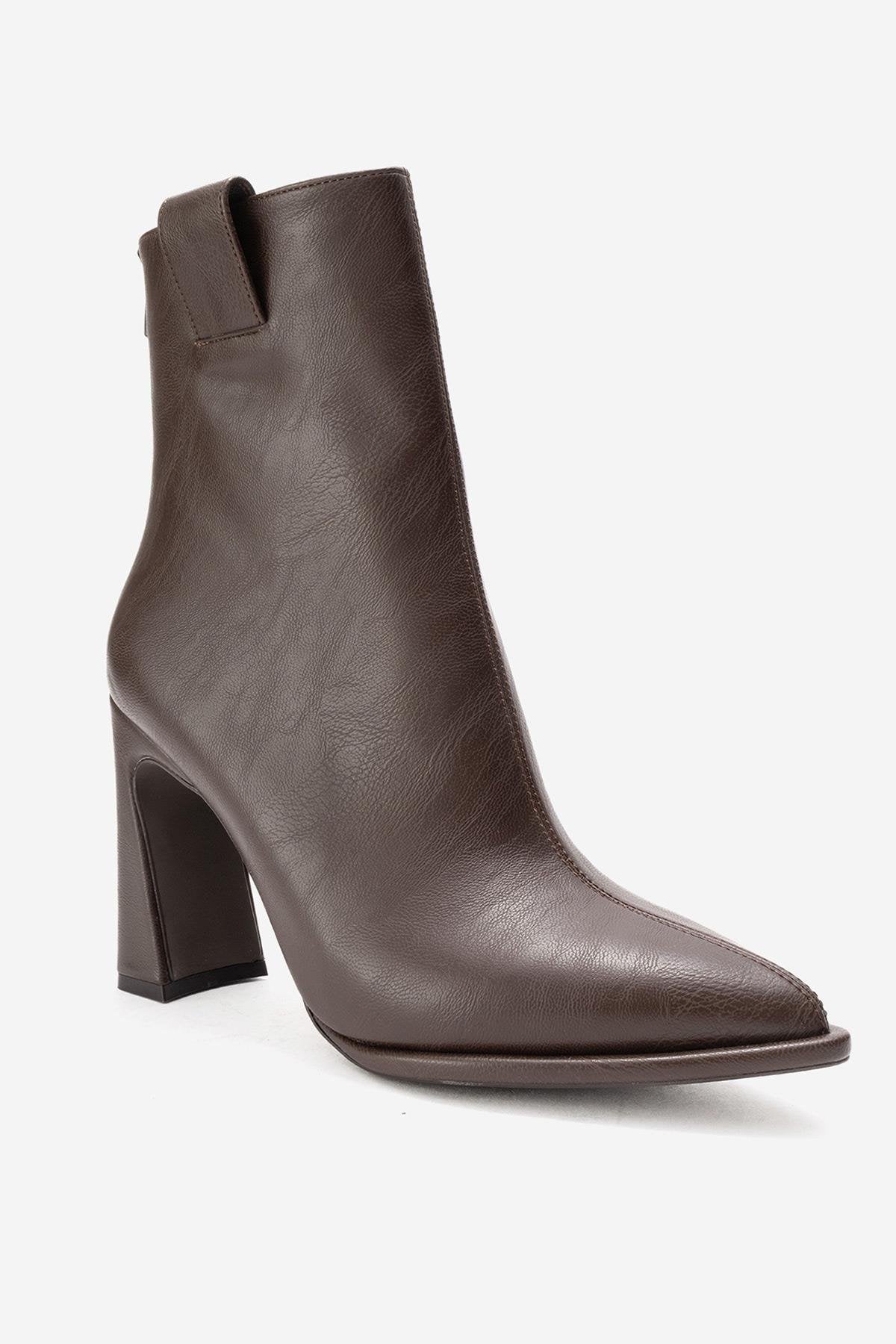 AJA - Brown Block Heel Boot – back view showing leather, SimmiUnique