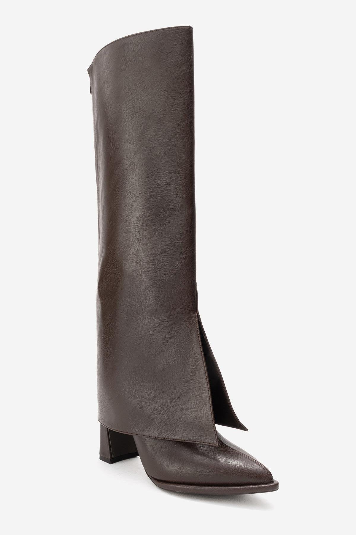 AJA - Brown Block Heel Boot – sole view showing leather, SimmiUnique