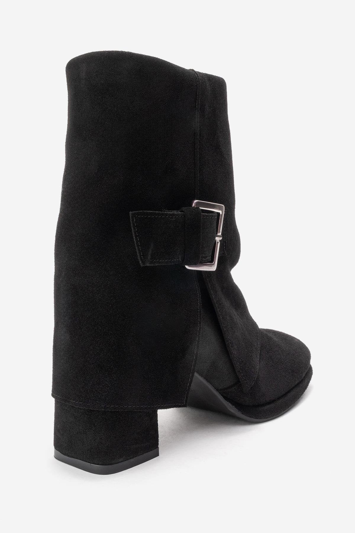 LORE - Black Genuine Leather Block Heel Boot – back view showing leather, suede, black, SimmiUnique