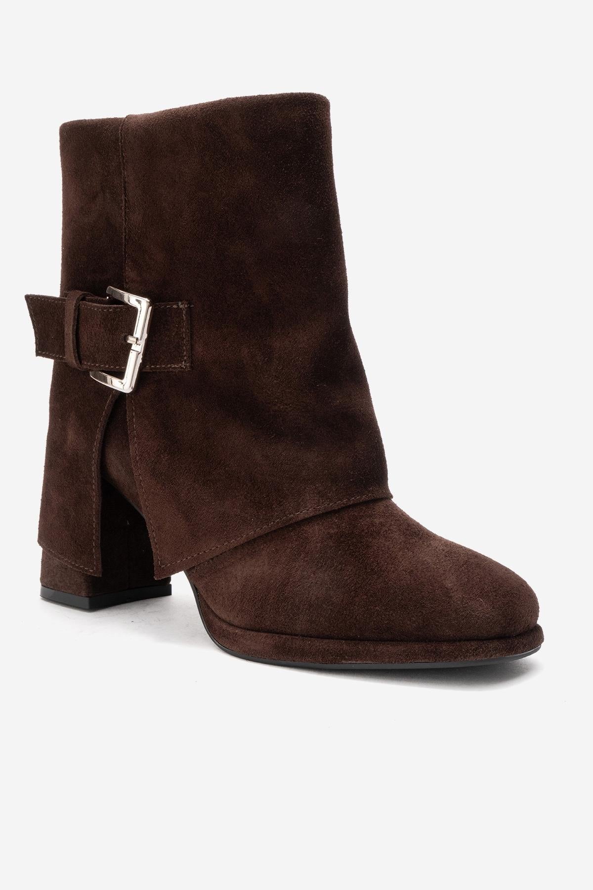 LORE - Brown Genuine Leather Block Heel Boot – detail view showing leather, suede, SimmiUnique