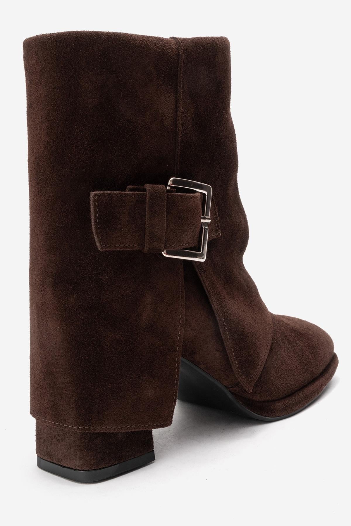 LORE - Brown Genuine Leather Block Heel Boot – back view showing leather, suede, SimmiUnique