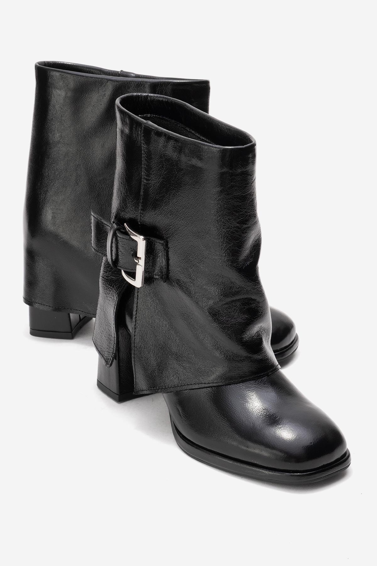 LORE - Black Genuine Leather Block Heel Boot – front three-quarter view showing leather, black, SimmiUnique