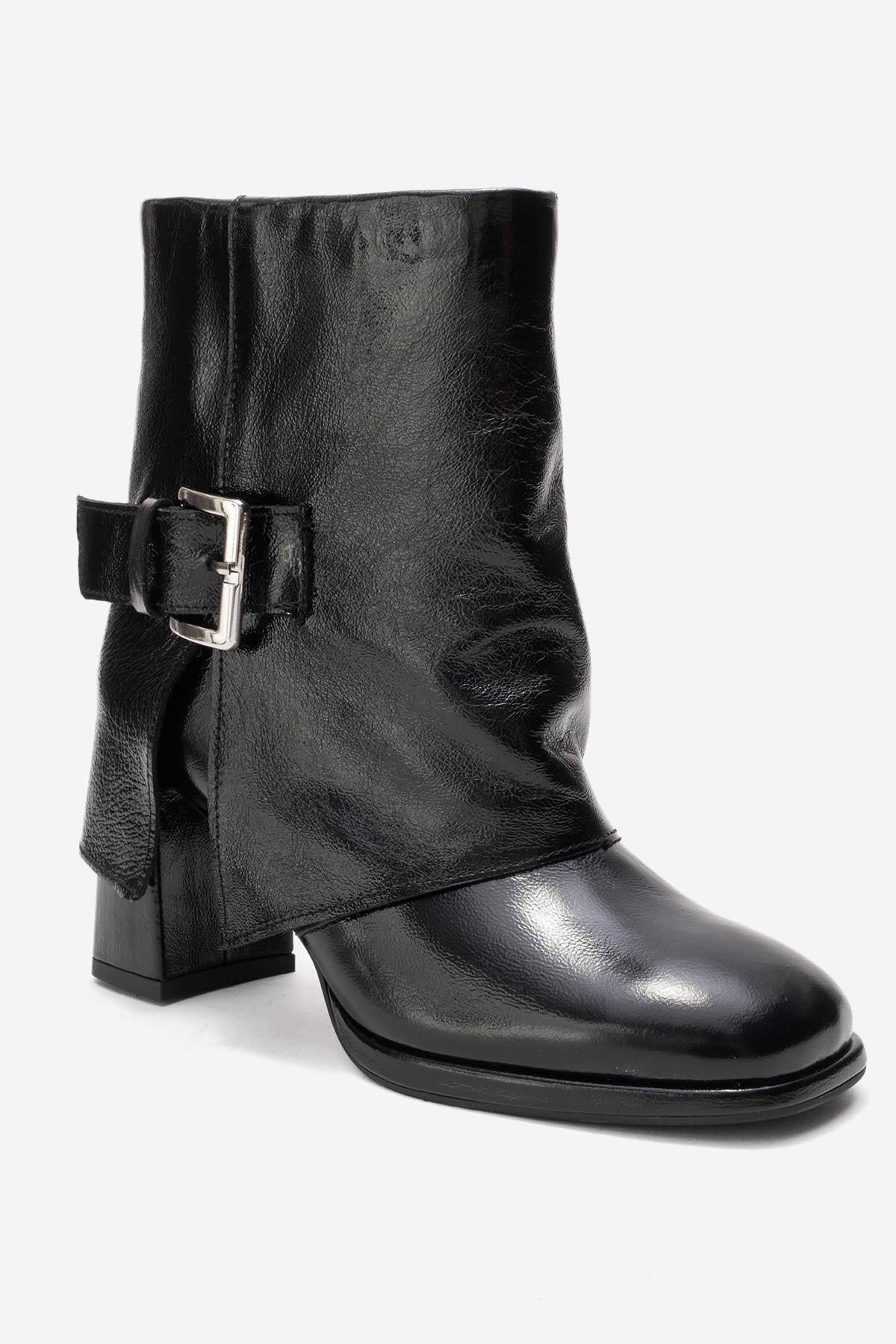 LORE - Black Genuine Leather Block Heel Boot – detail view showing leather, black, SimmiUnique