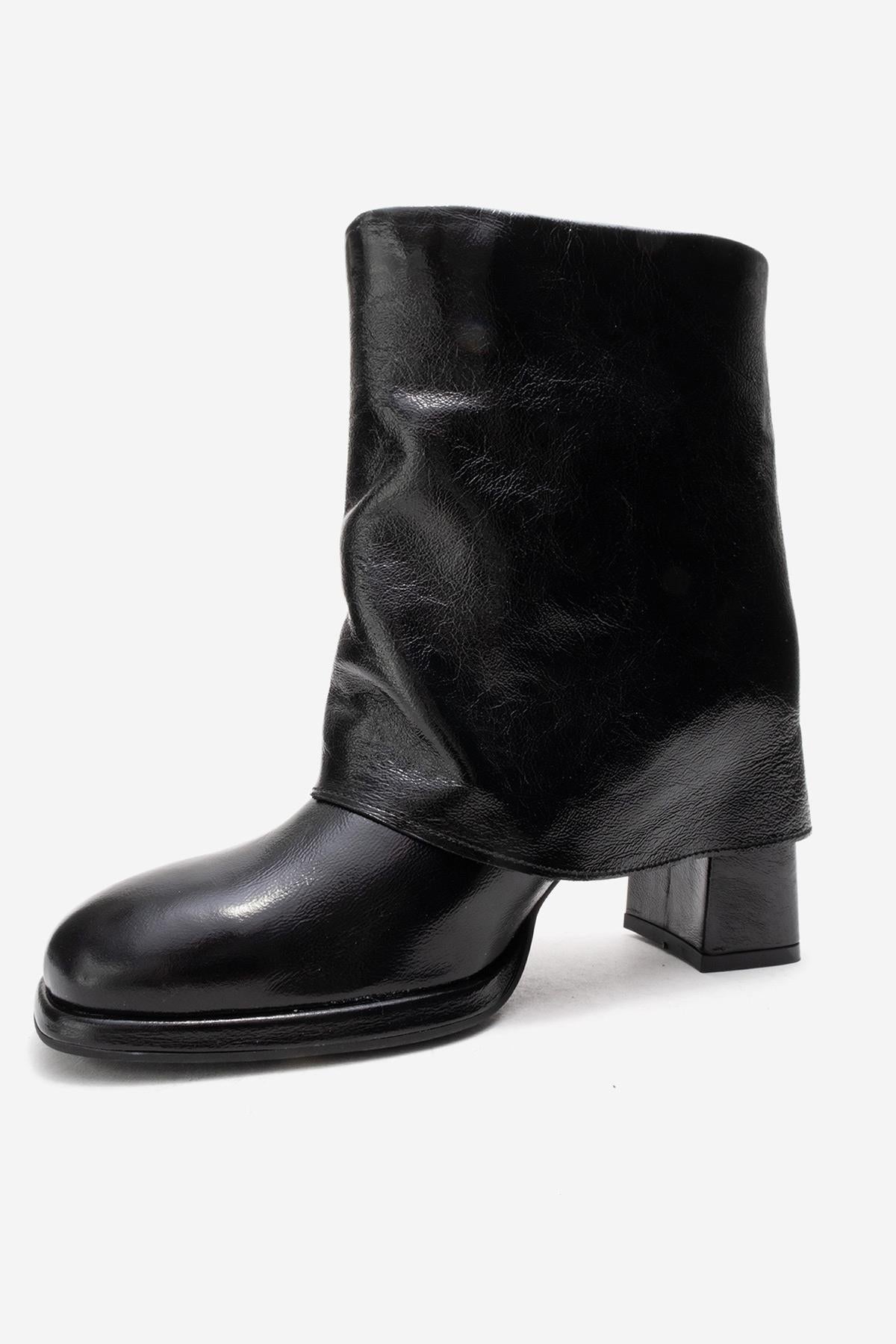 LORE - Black Genuine Leather Block Heel Boot – heel view showing leather, black, SimmiUnique