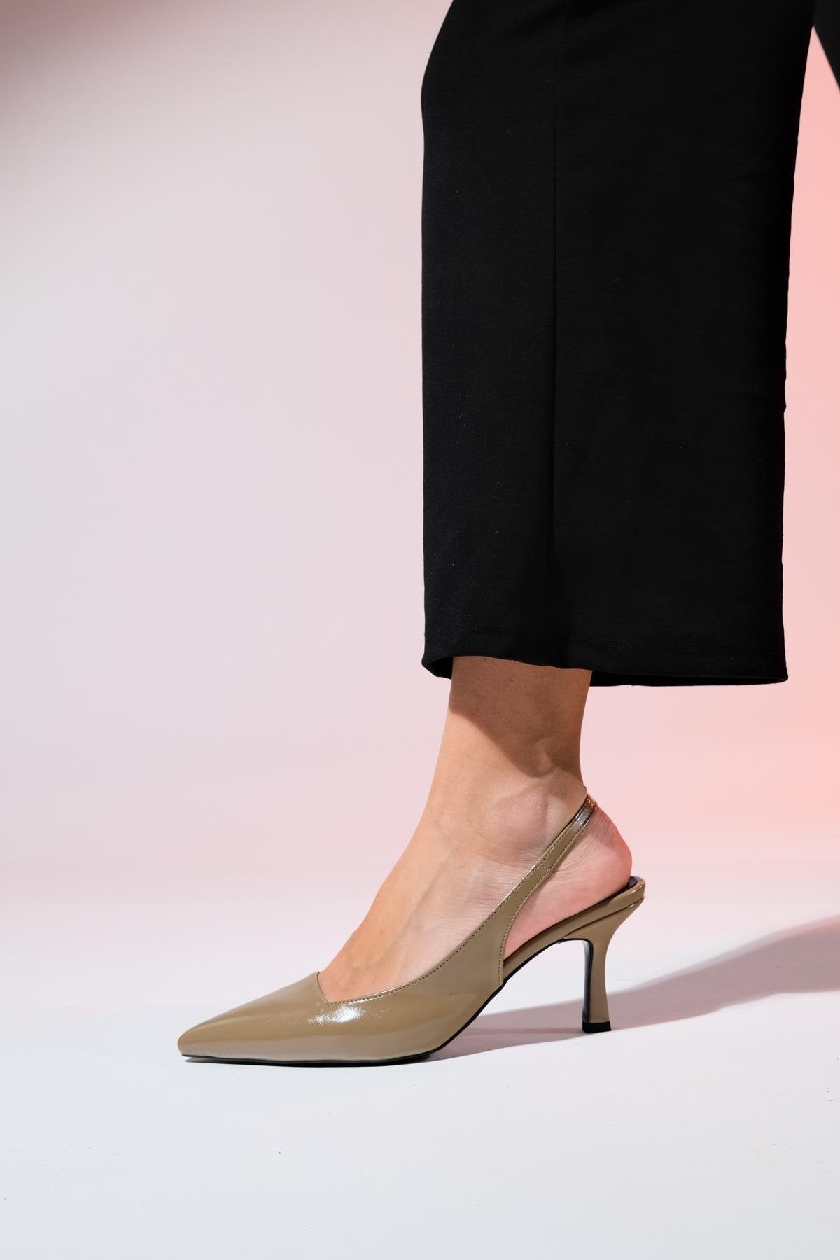 Flem - Taupe Pointed Toe Backless Stiletto Pump – side view showing leather, SimmiUnique