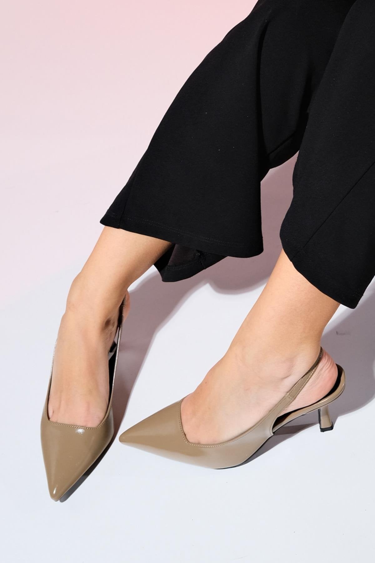 Flem - Taupe Pointed Toe Backless Stiletto Pump – back view showing leather, SimmiUnique