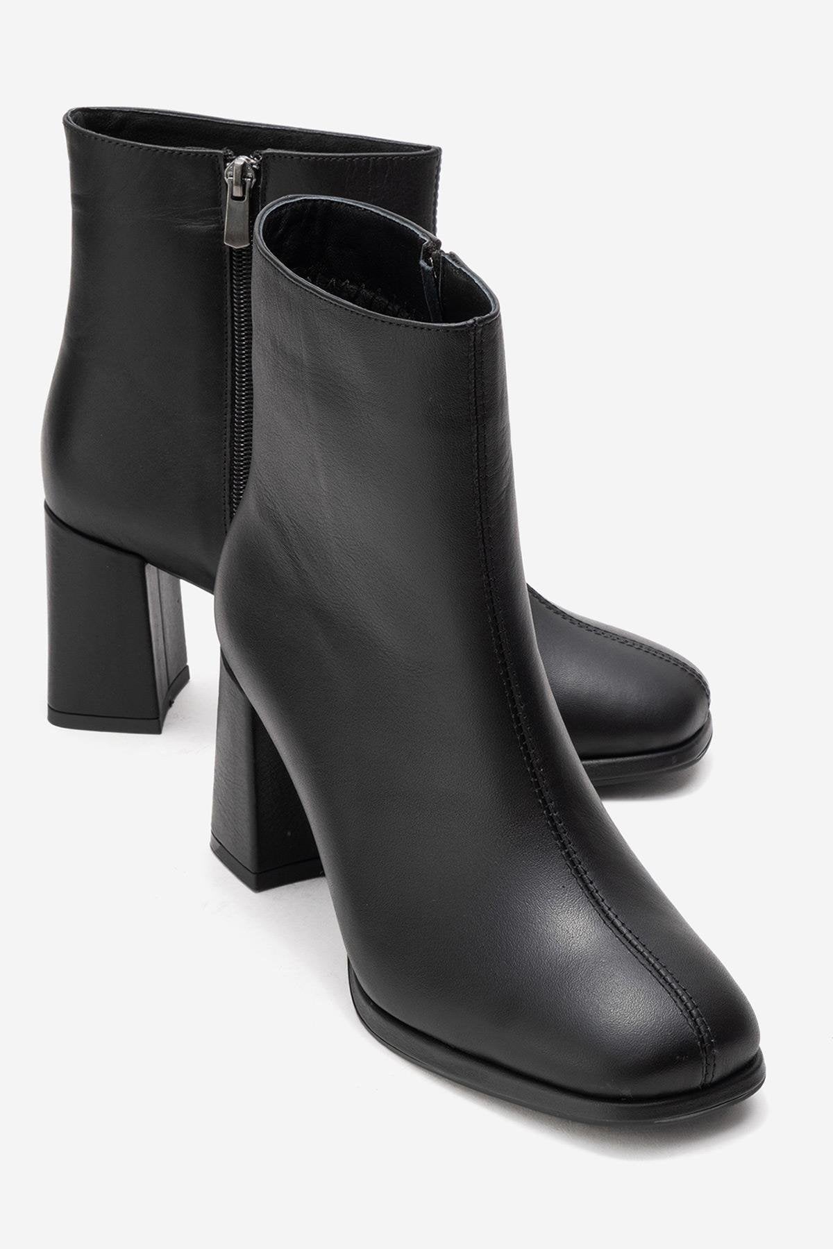 Napoli - Black Genuine Leather Block Heel Ankle Boot – front three-quarter view showing leather, black, SimmiUnique