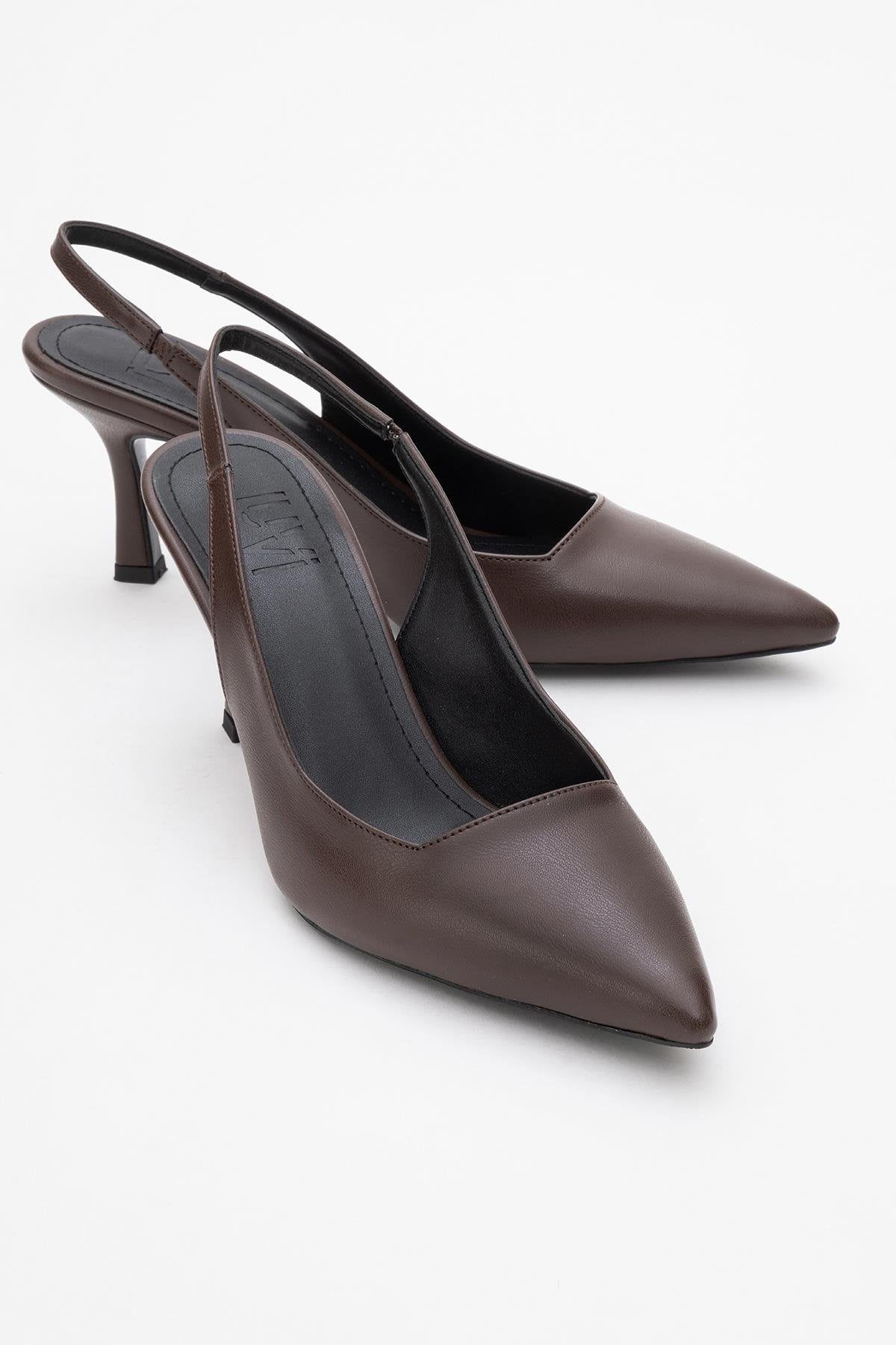 Flem - Mocha Pointed Toe Backless Stiletto Pump – front three-quarter view showing leather, SimmiUnique