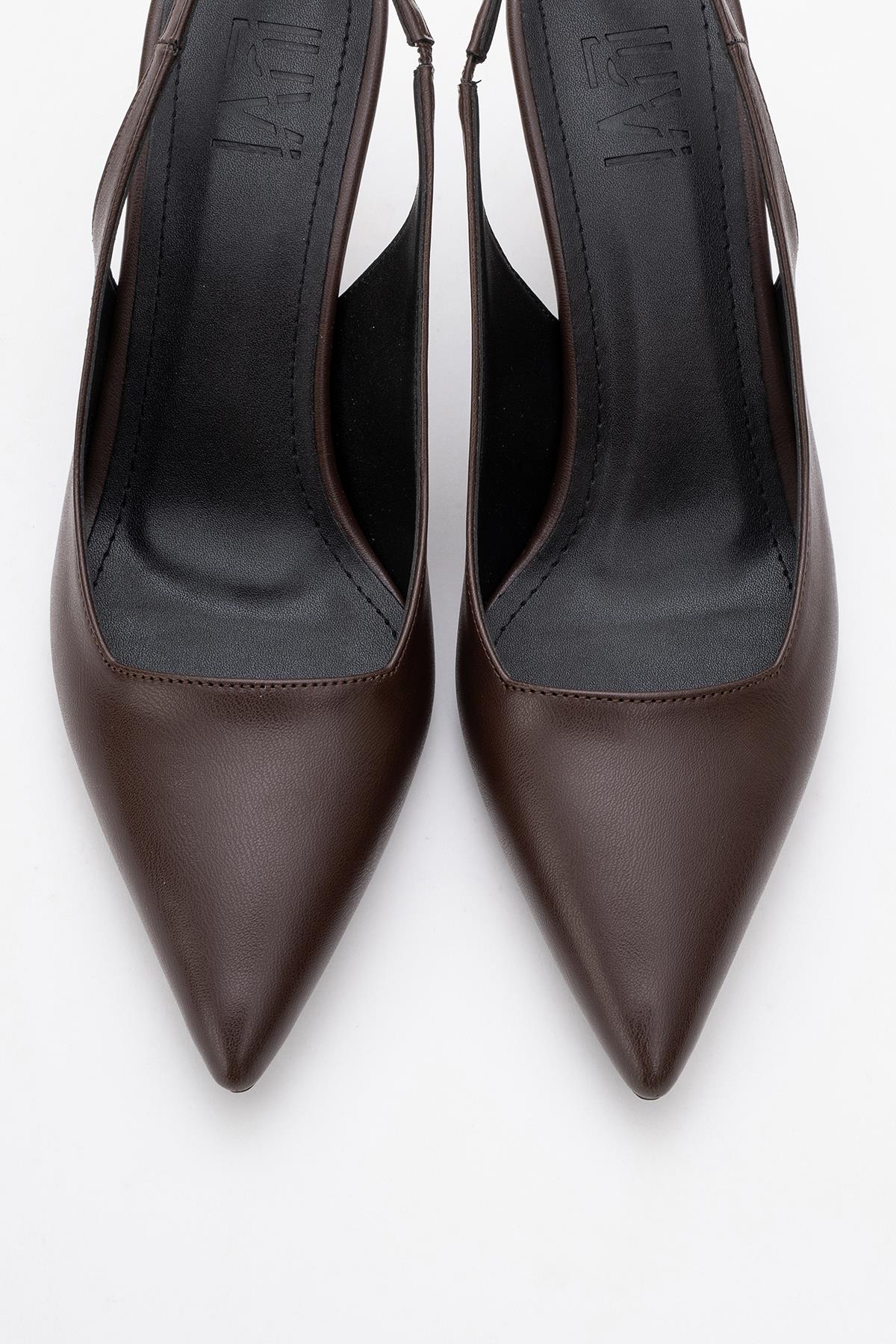Flem - Mocha Pointed Toe Backless Stiletto Pump – side view showing leather, SimmiUnique