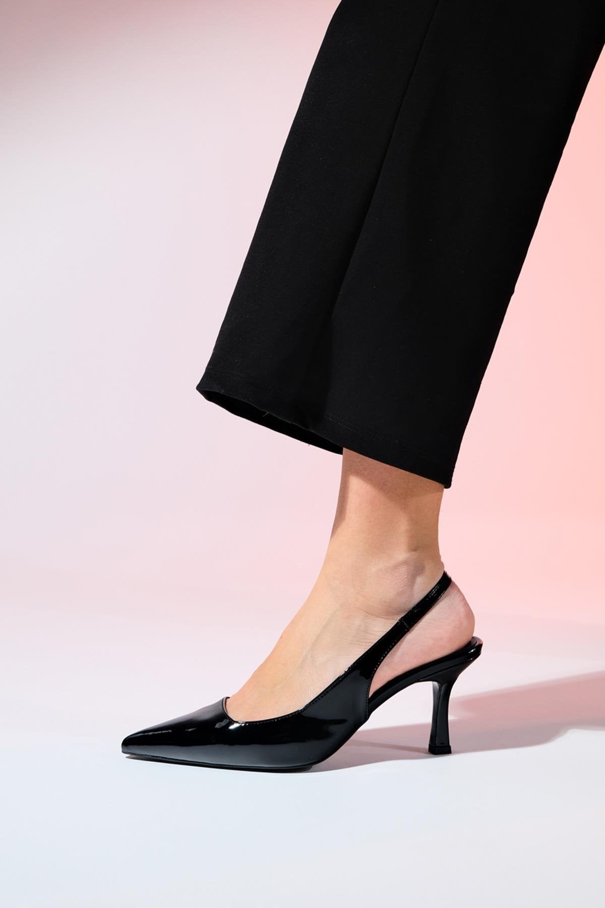 Flem - Black Patent Pointed Toe Backless Stiletto Pump – heel view showing leather, black, SimmiUnique
