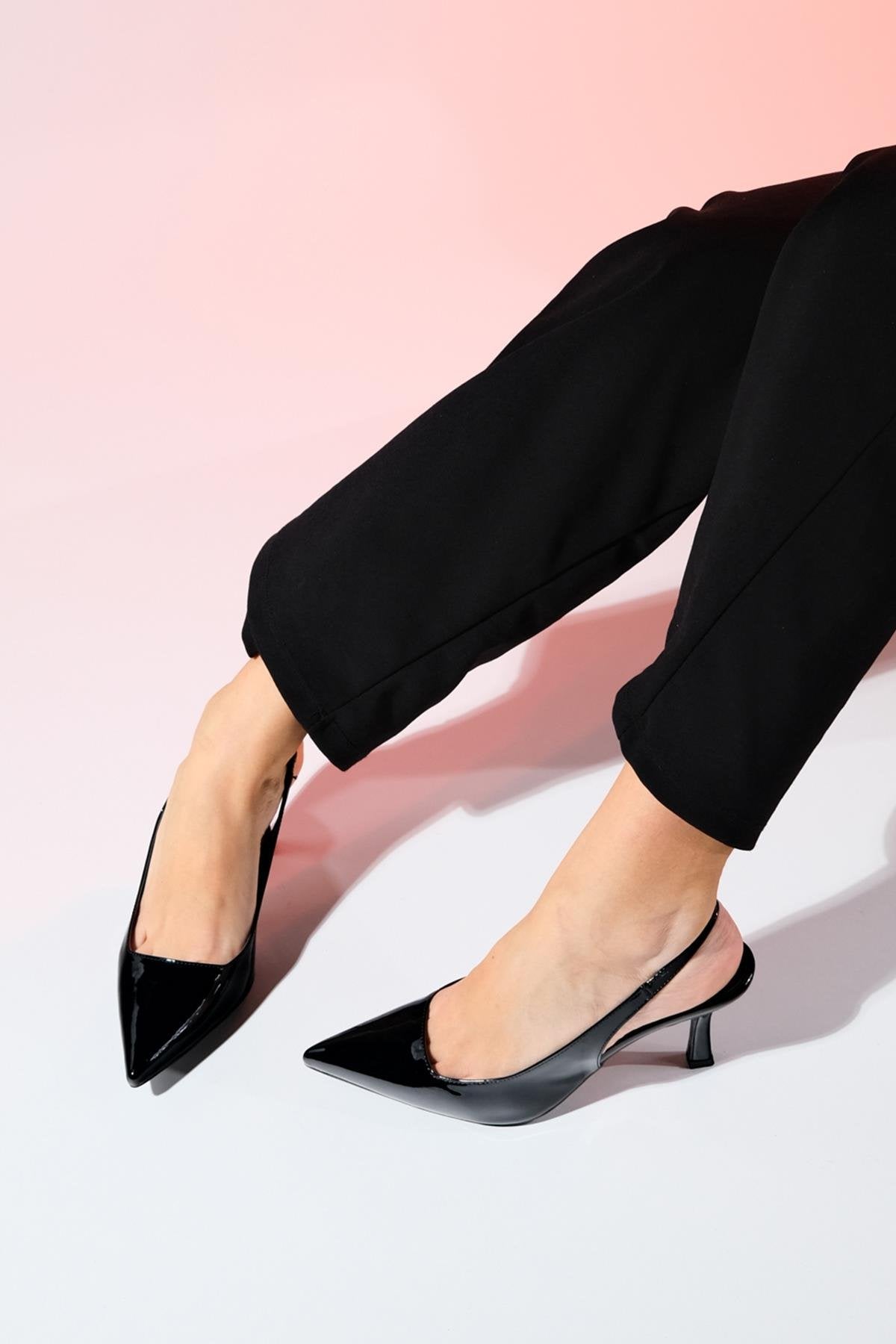 Flem - Black Patent Pointed Toe Backless Stiletto Pump – top view showing leather, black, SimmiUnique
