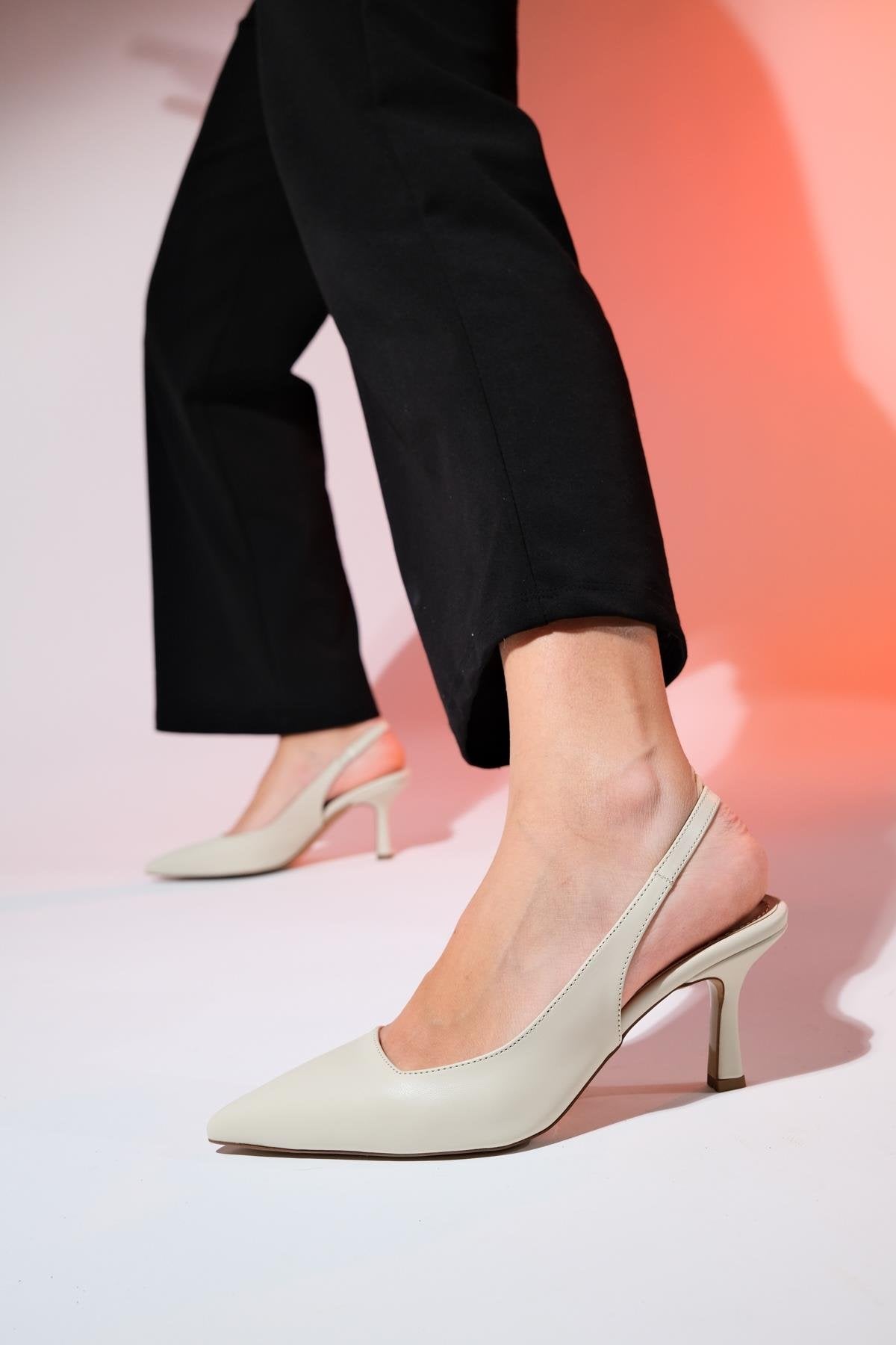 Flem - Ecru Pointed Toe Backless Stiletto Pump – heel view showing leather, SimmiUnique