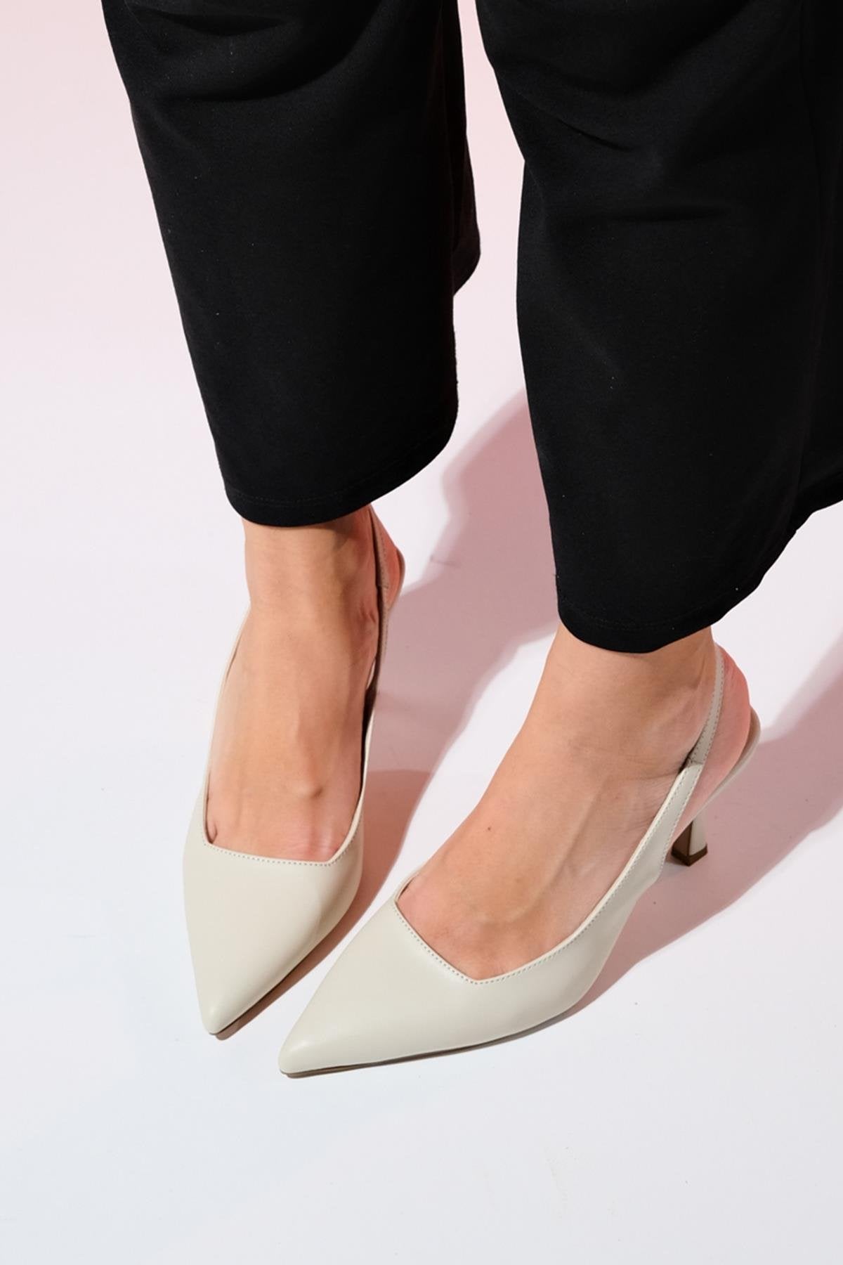 Flem - Ecru Pointed Toe Backless Stiletto Pump – back view showing leather, SimmiUnique