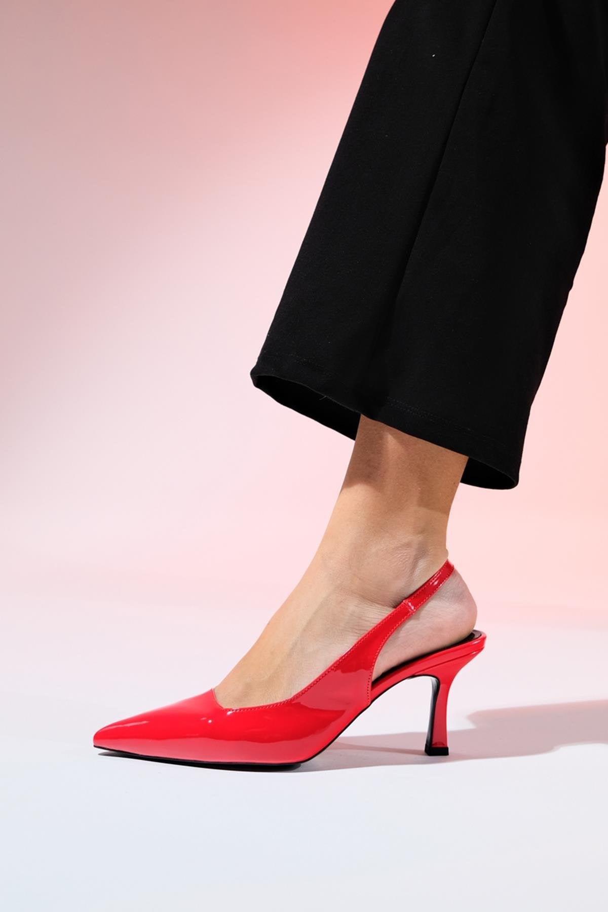 Flem - Red Patent Pointed Toe Backless Stiletto Pump – side view showing leather, red, SimmiUnique