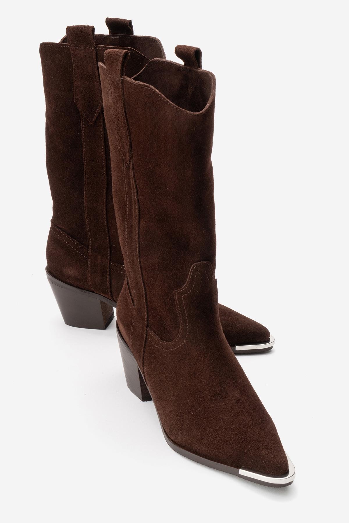 ALVI - Brown Genuine Suede Block Heel Western Boot – front three-quarter view showing leather, suede, SimmiUnique