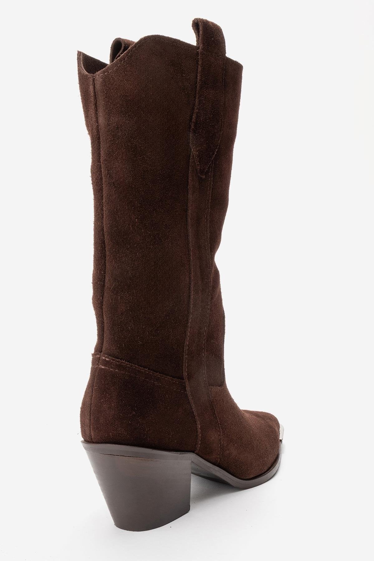 ALVI - Brown Genuine Suede Block Heel Western Boot – back view showing leather, suede, SimmiUnique