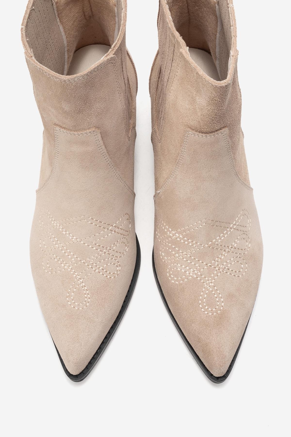 JULIETA - Beige Genuine Suede Leather Block Heel Western Boot – side view showing leather, suede, SimmiUnique