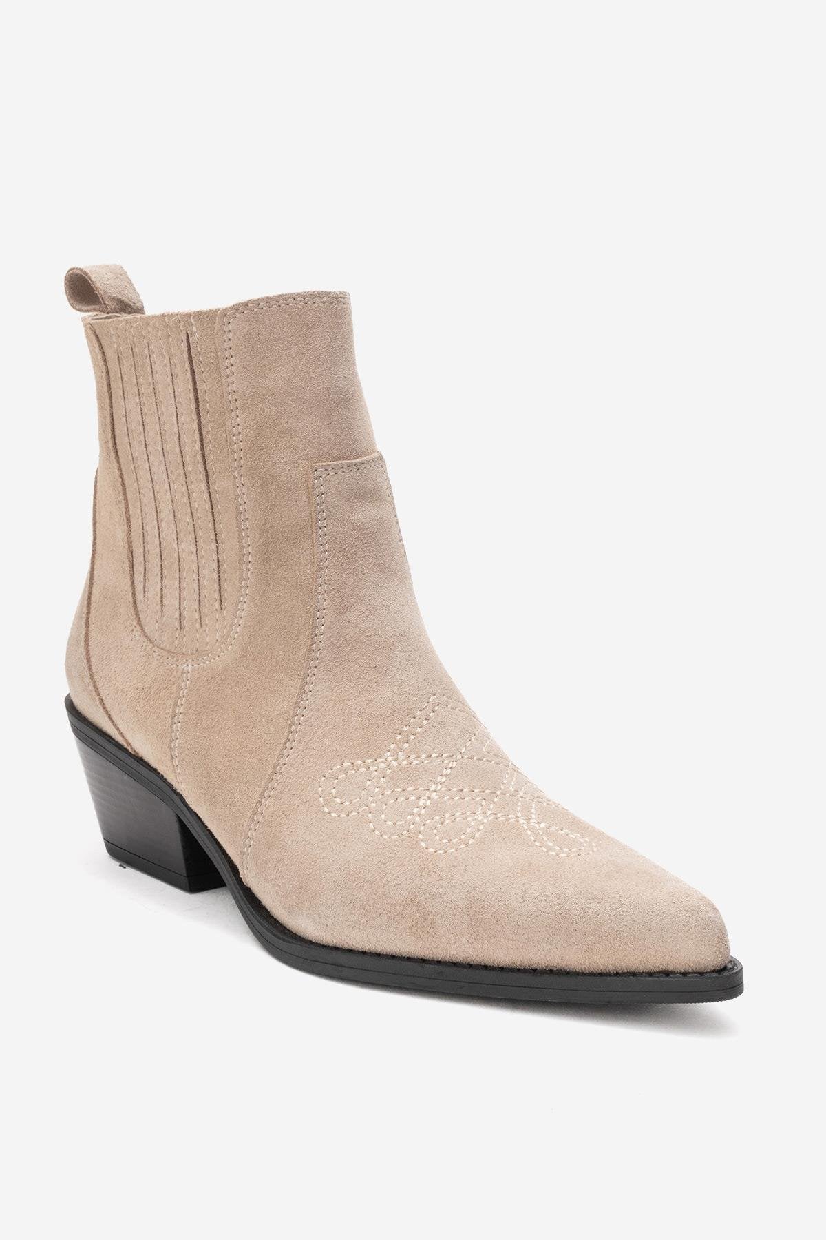 JULIETA - Beige Genuine Suede Leather Block Heel Western Boot – detail view showing leather, suede, SimmiUnique