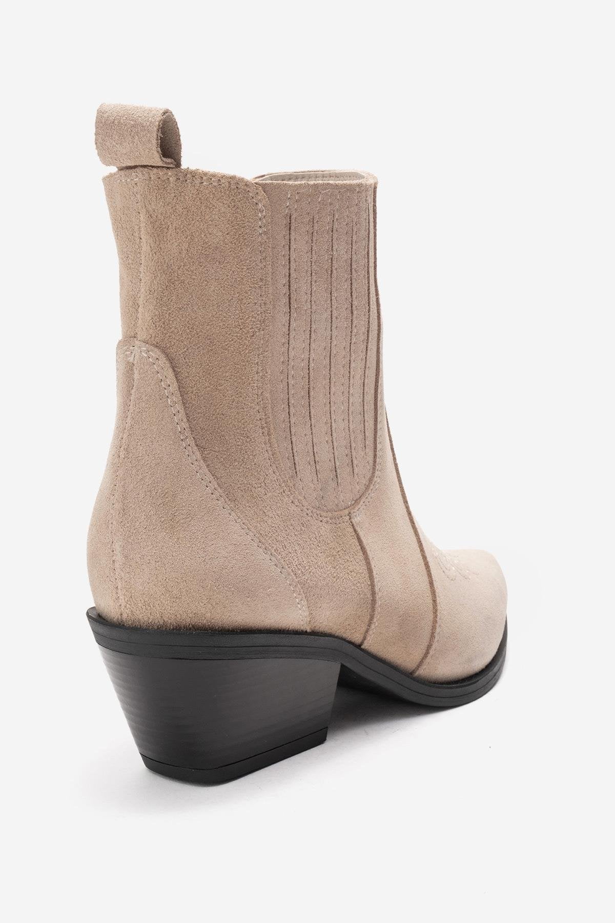 JULIETA - Beige Genuine Suede Leather Block Heel Western Boot – back view showing leather, suede, SimmiUnique