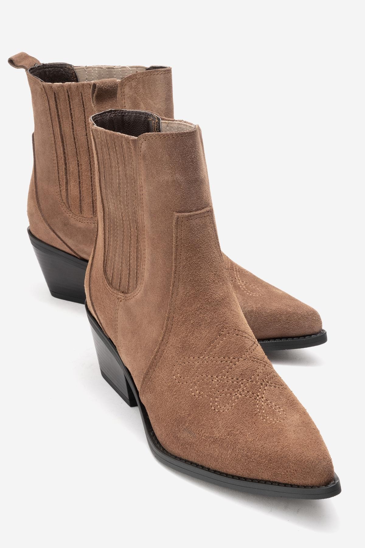 JULIETA - Taupe Genuine Suede Leather Block Heel Western Boot – front three-quarter view showing leather, suede, SimmiUnique